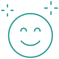 Smiling face icon with two sparkles above it.