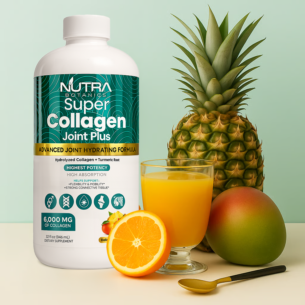 Collagen supplement bottle with pineapple, orange, mango, and juice on a table.