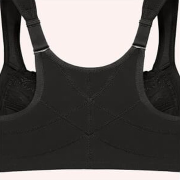 The back of a black bra with wide, adjustable straps and supportive crisscross stitching.