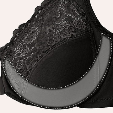 Close-up of a black lace bra with a graphic overlay highlighting the underwire support structure.