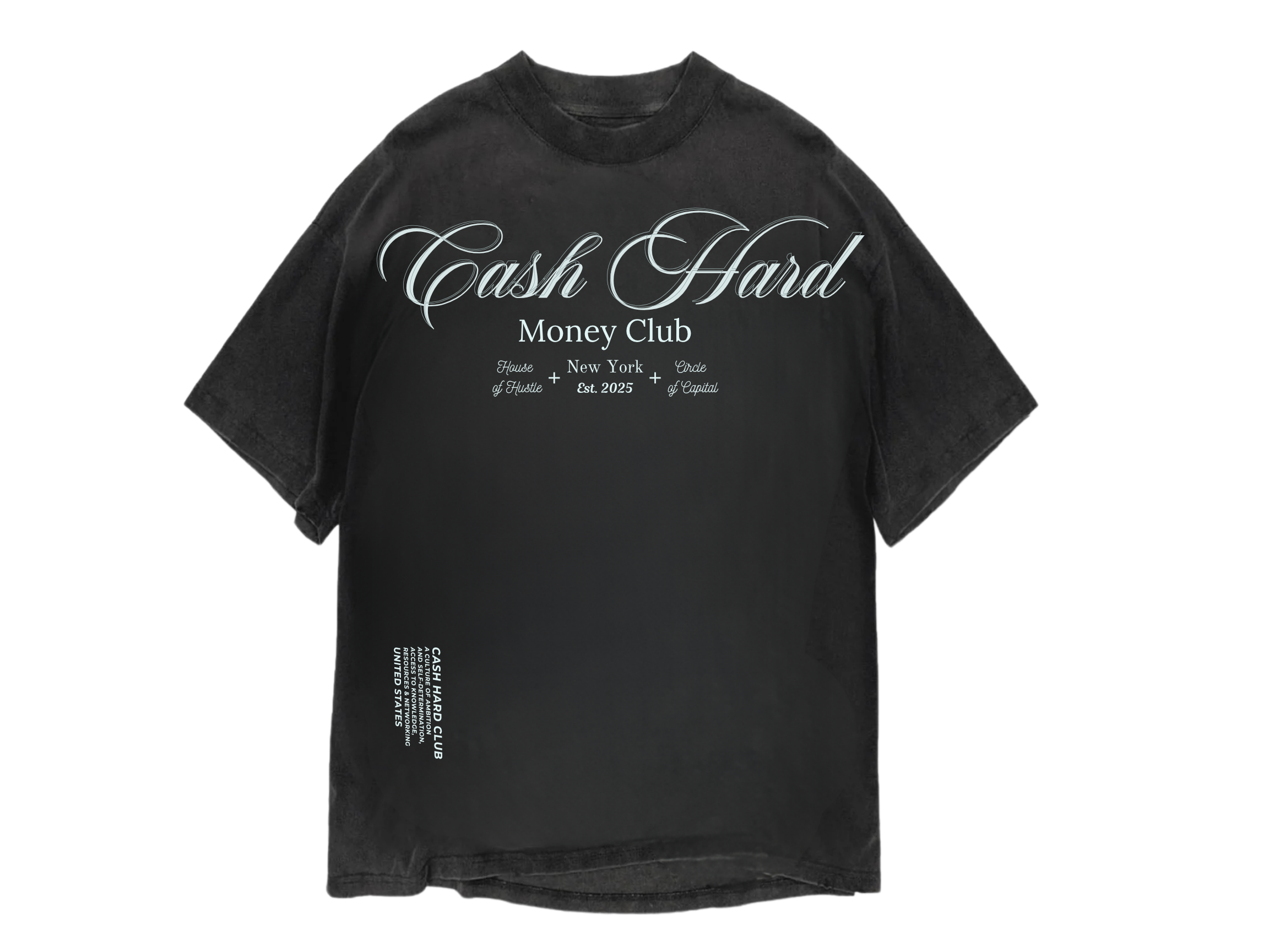 Black t-shirt with 'Cash Hard Money Club' text and decorative script.