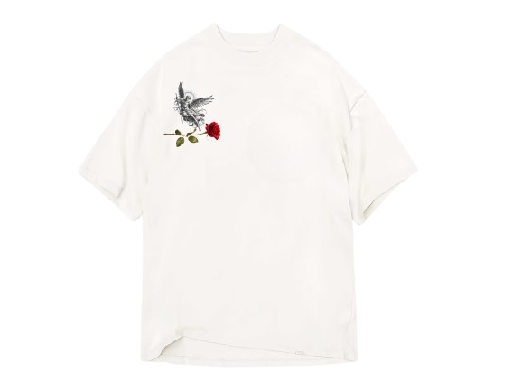 White T-shirt with a bird and red rose graphic on the chest.