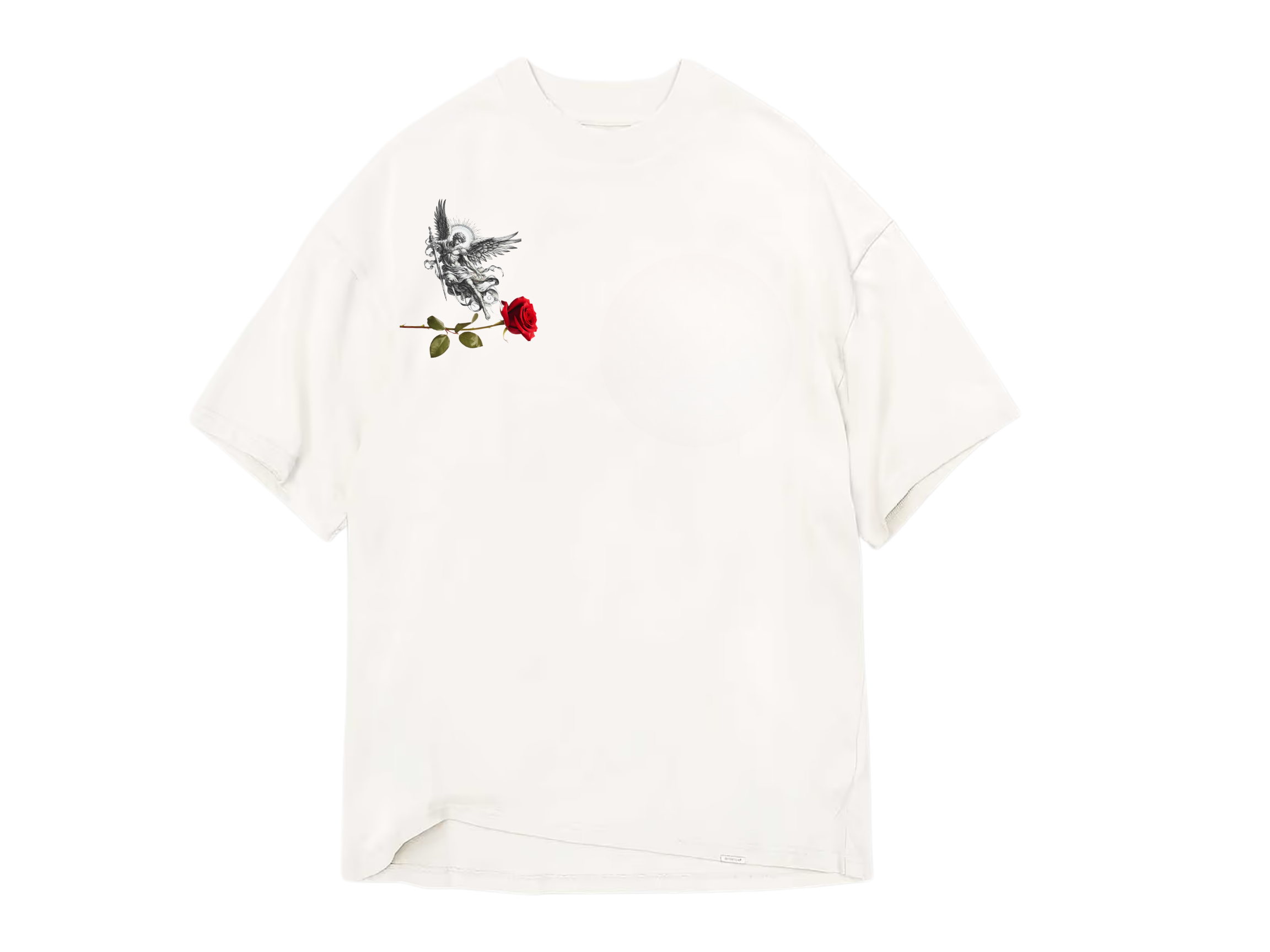 White t-shirt with angel and red rose graphic on the front.