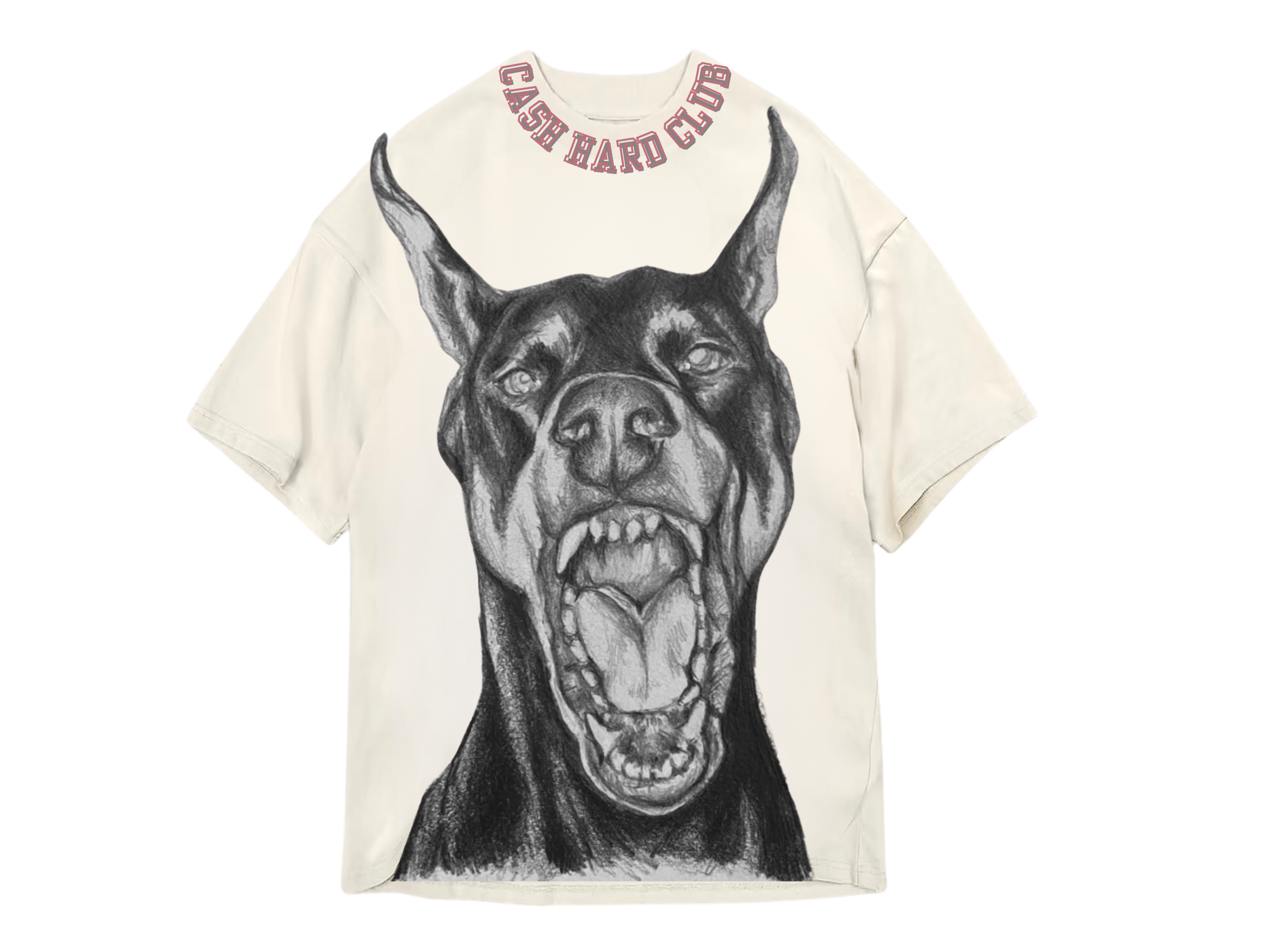 White t-shirt with a large, detailed drawing of a dog's face.