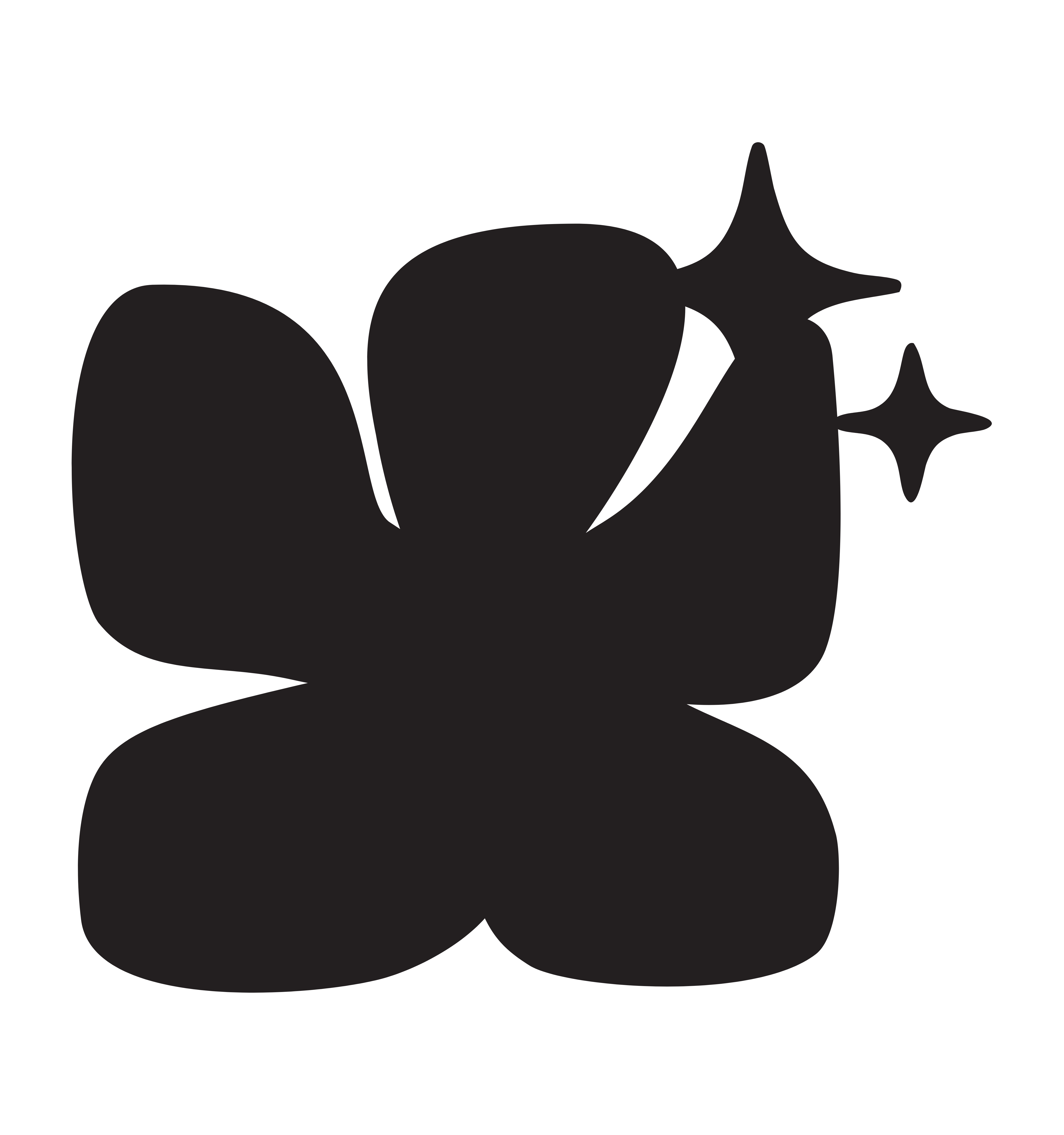 Black silhouette of a flower with two star shapes on a green background.