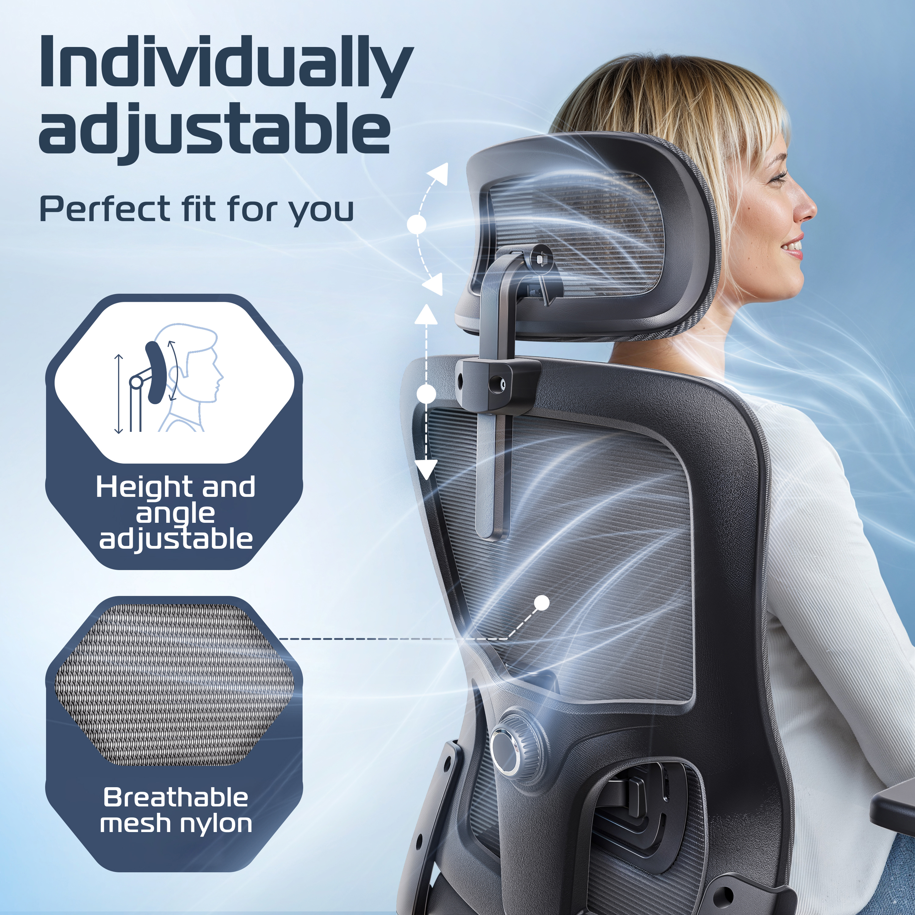 Woman sitting on an adjustable chair with breathable mesh back, promoting comfort features.