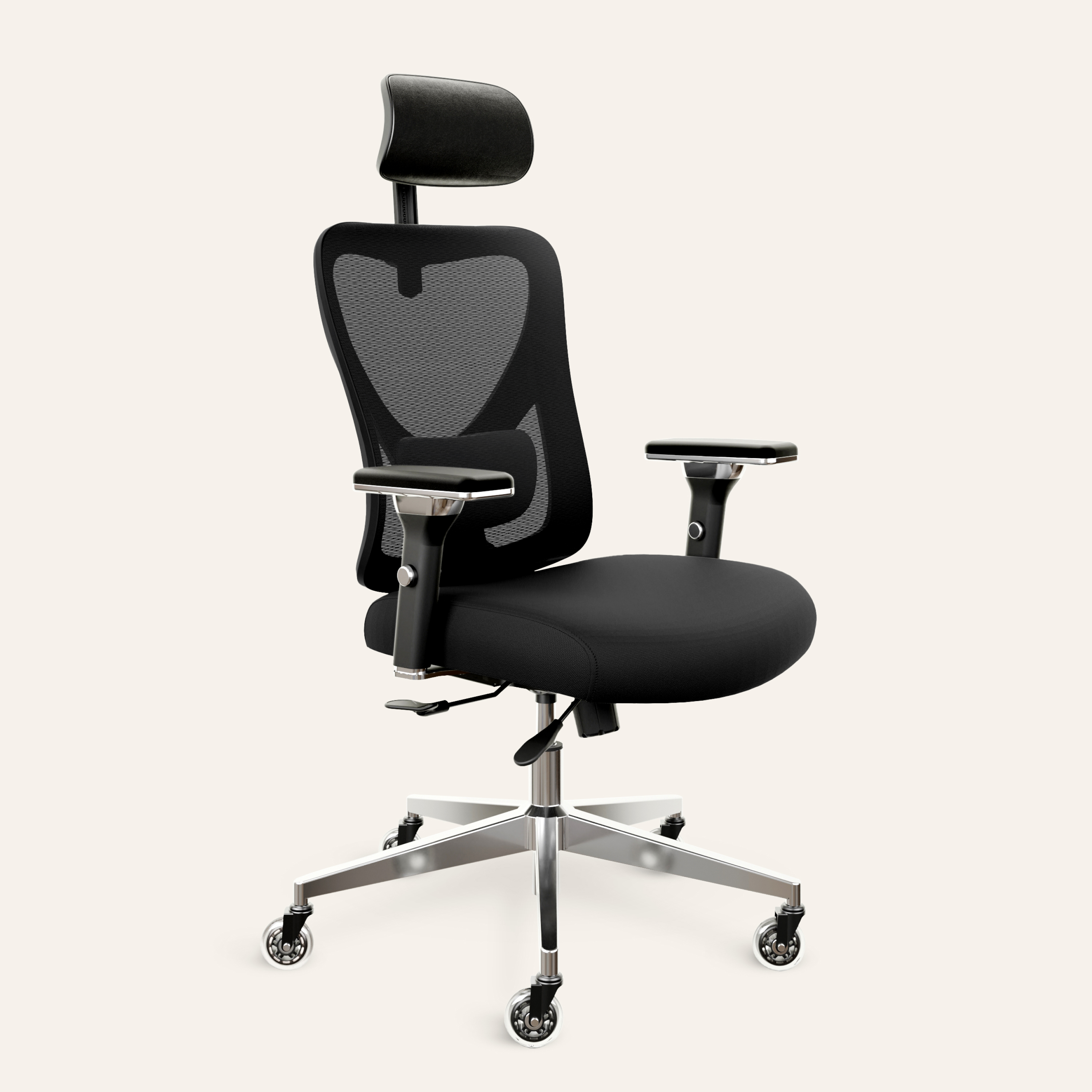 Black ergonomic office chair with armrests and headrest on wheels.