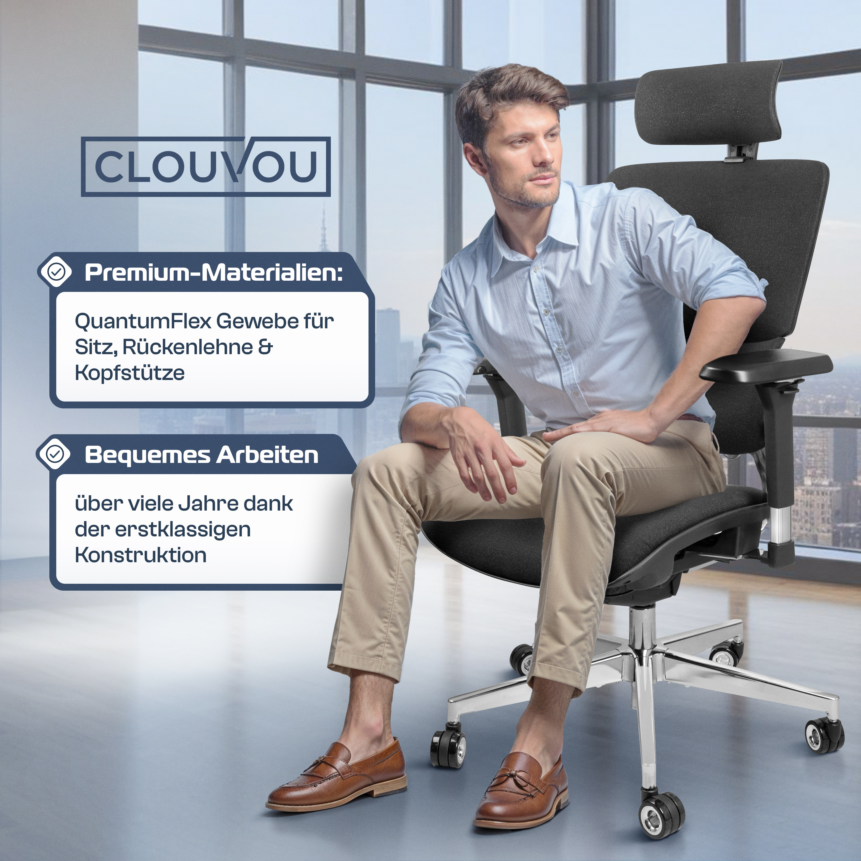 Man sitting on an office chair with text about materials and comfort in German.