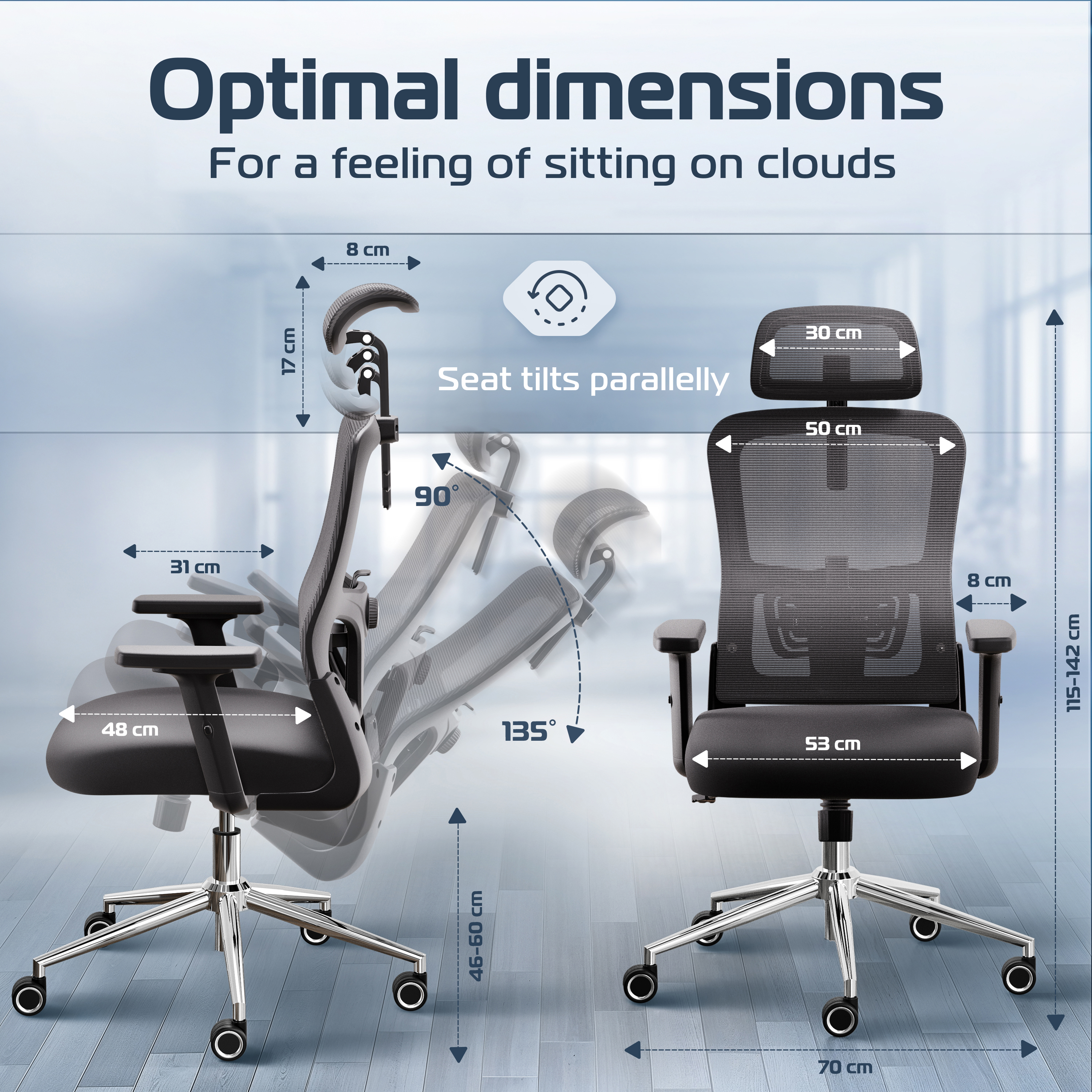Office chair dimensions and reclining features diagram with arrows and measurements.