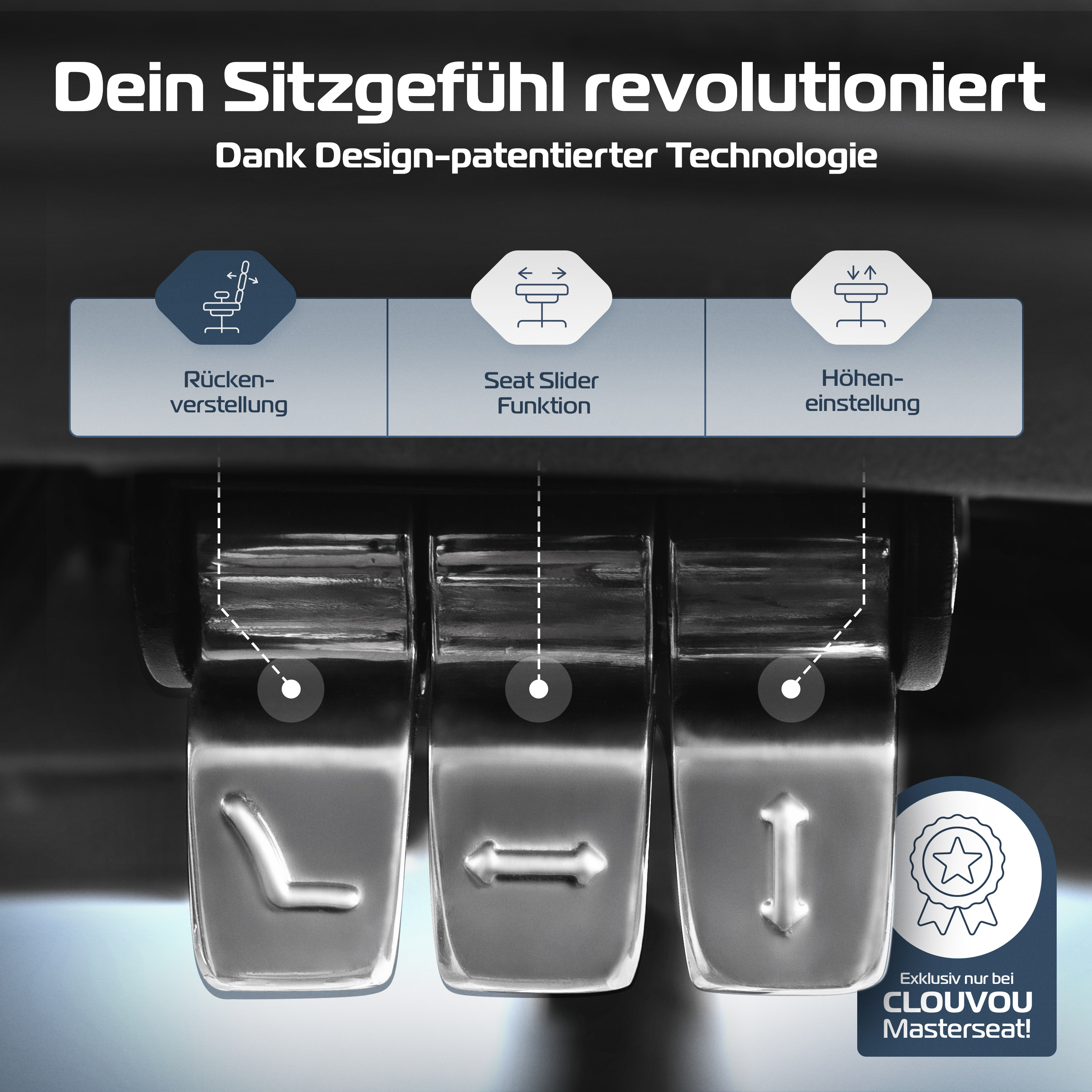 Close-up of seat adjustment controls with German text and icons for functions.