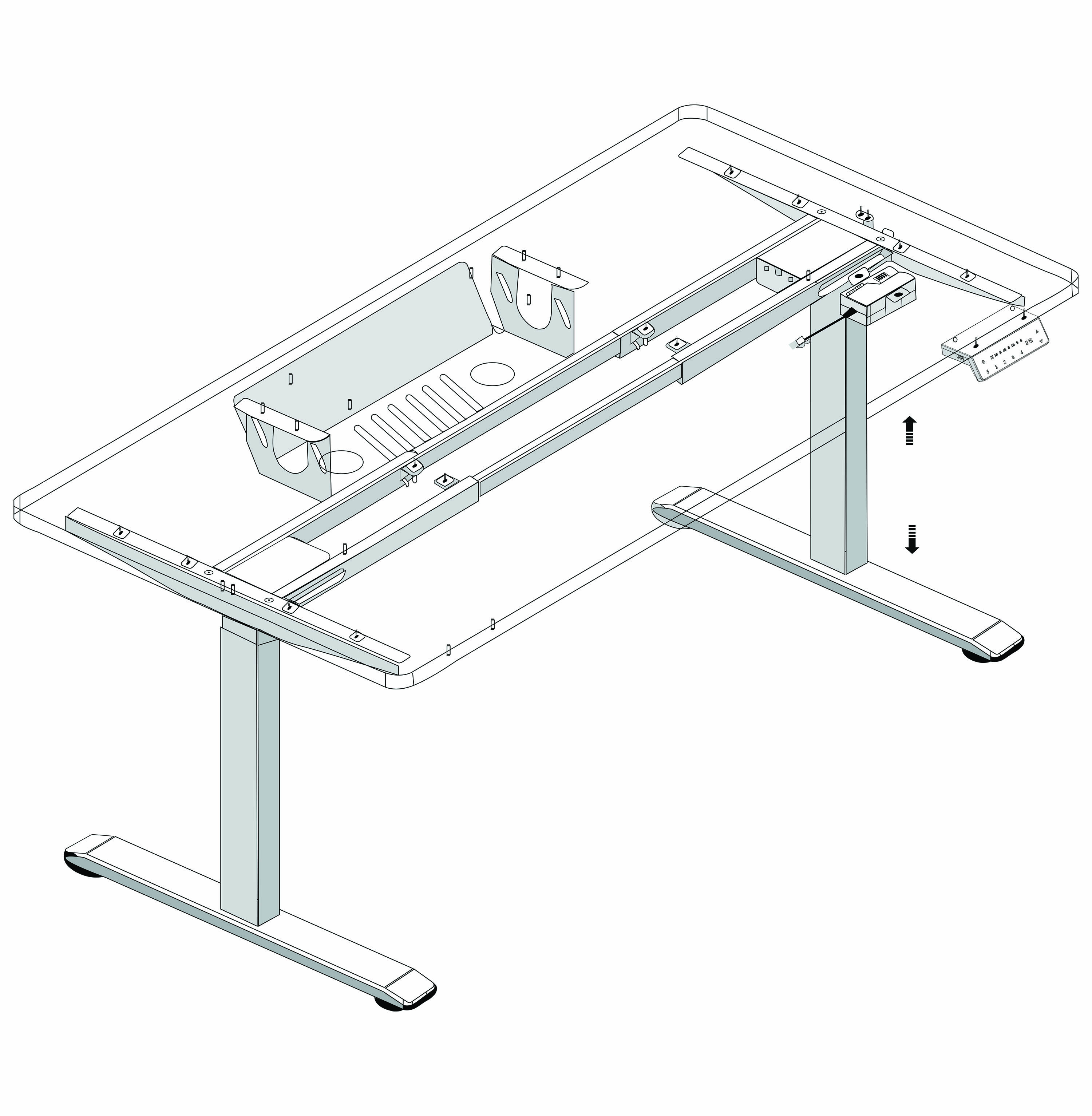 An assembly diagram of an adjustable standing desk frame, showing the underside of the tabletop and legs.