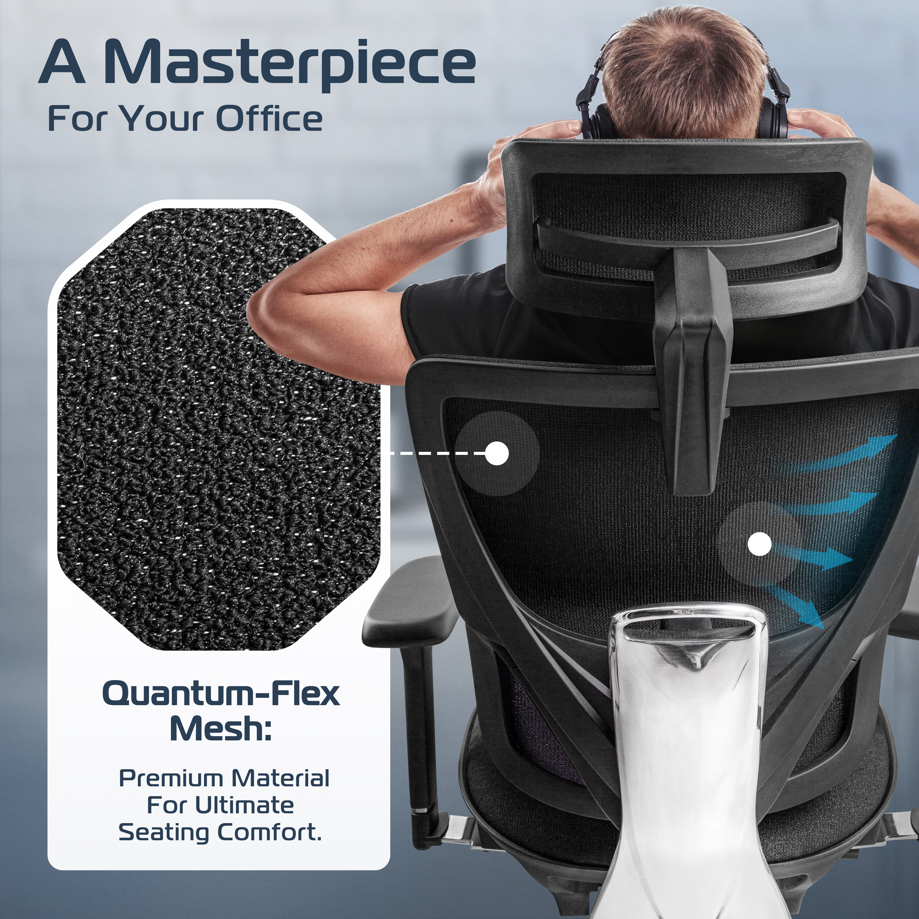 Person sitting on a black office chair with highlighted mesh material and text about comfort.