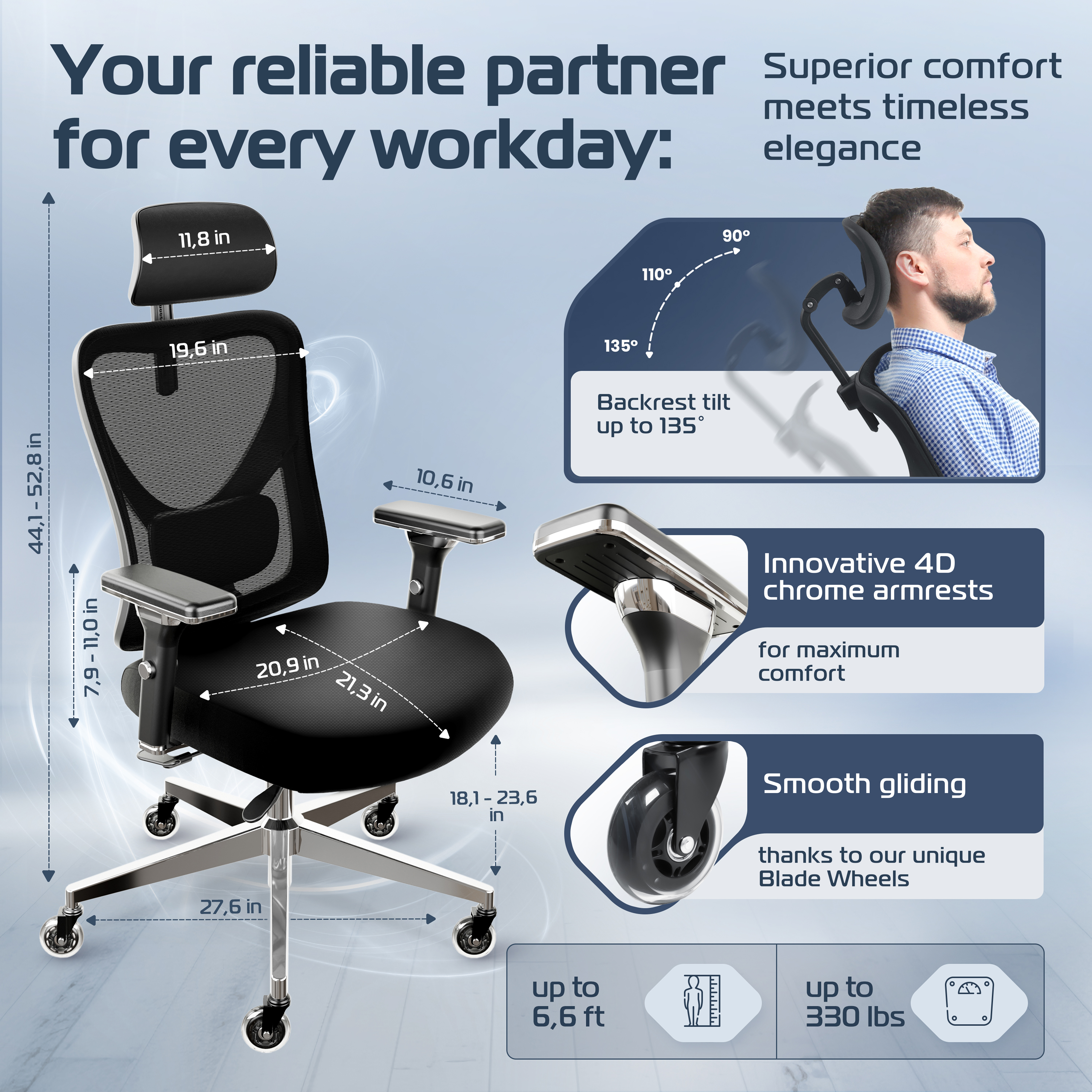Ergonomic office chair with adjustable features and measurements, showcasing armrests and wheels.