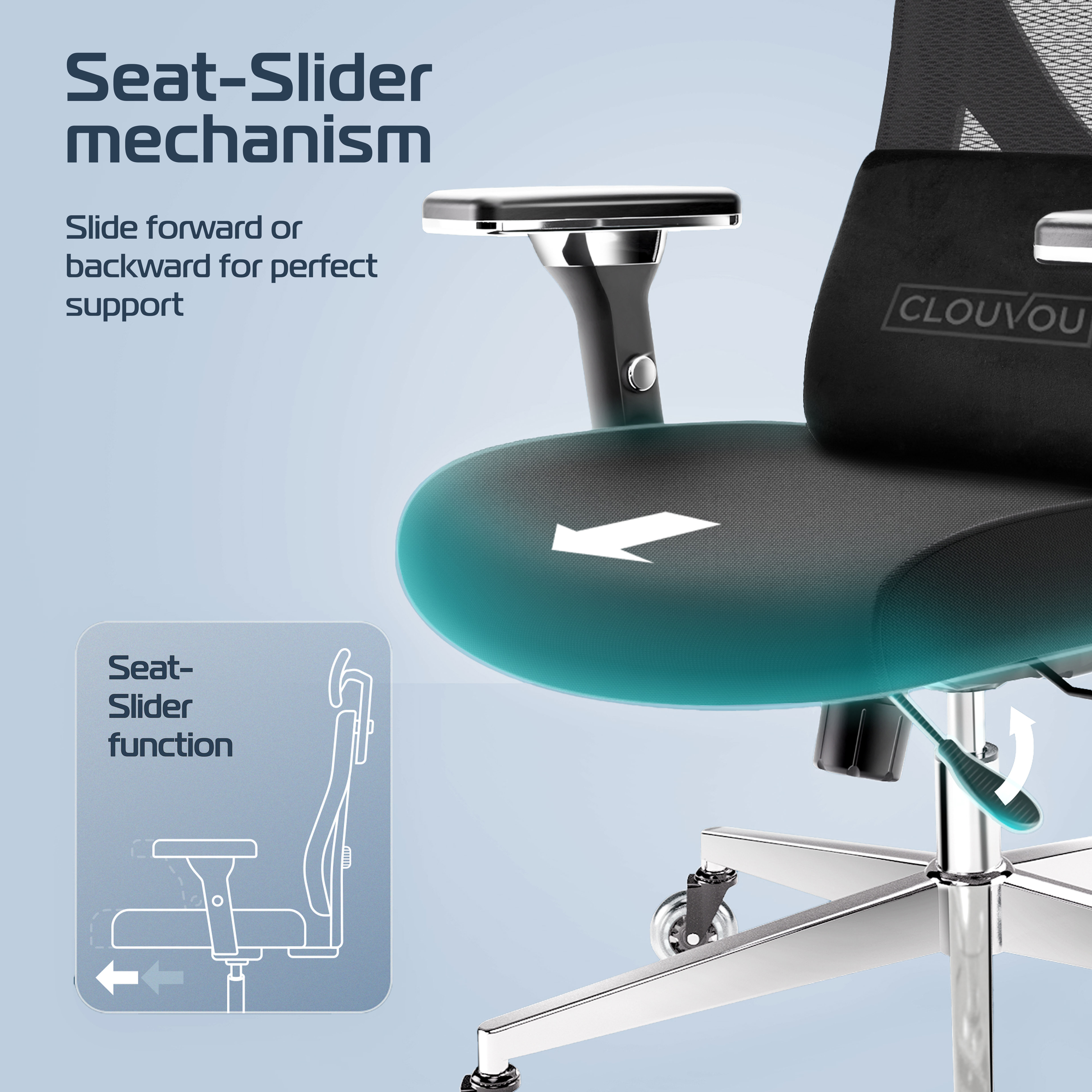 Office chair with seat-slider mechanism and adjustment instructions.