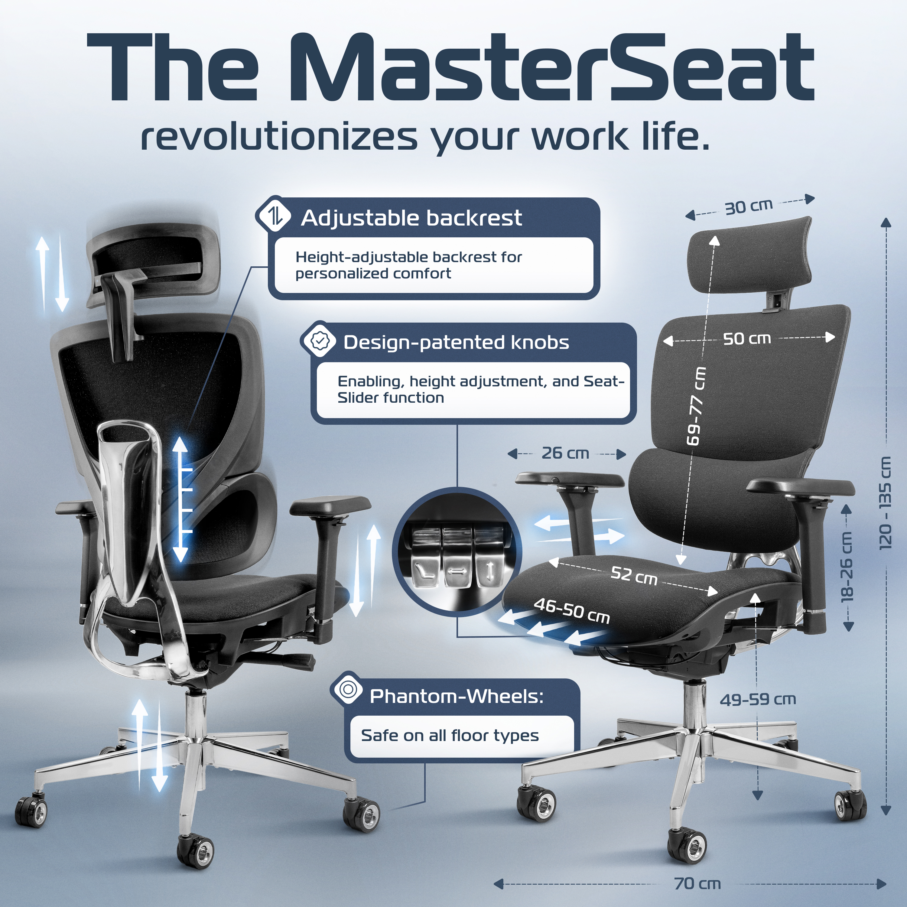 Infographic of ergonomic office chair with adjustable features and dimensions.