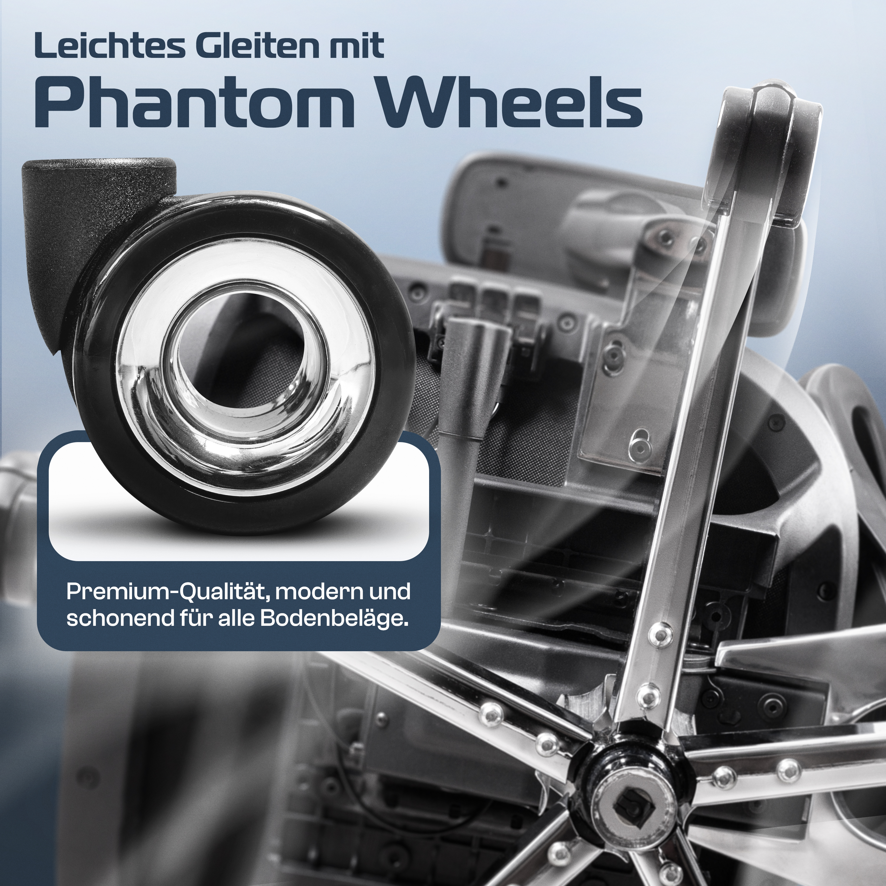 Black and silver caster wheel zoomed in, with text promoting Phantom Wheels.