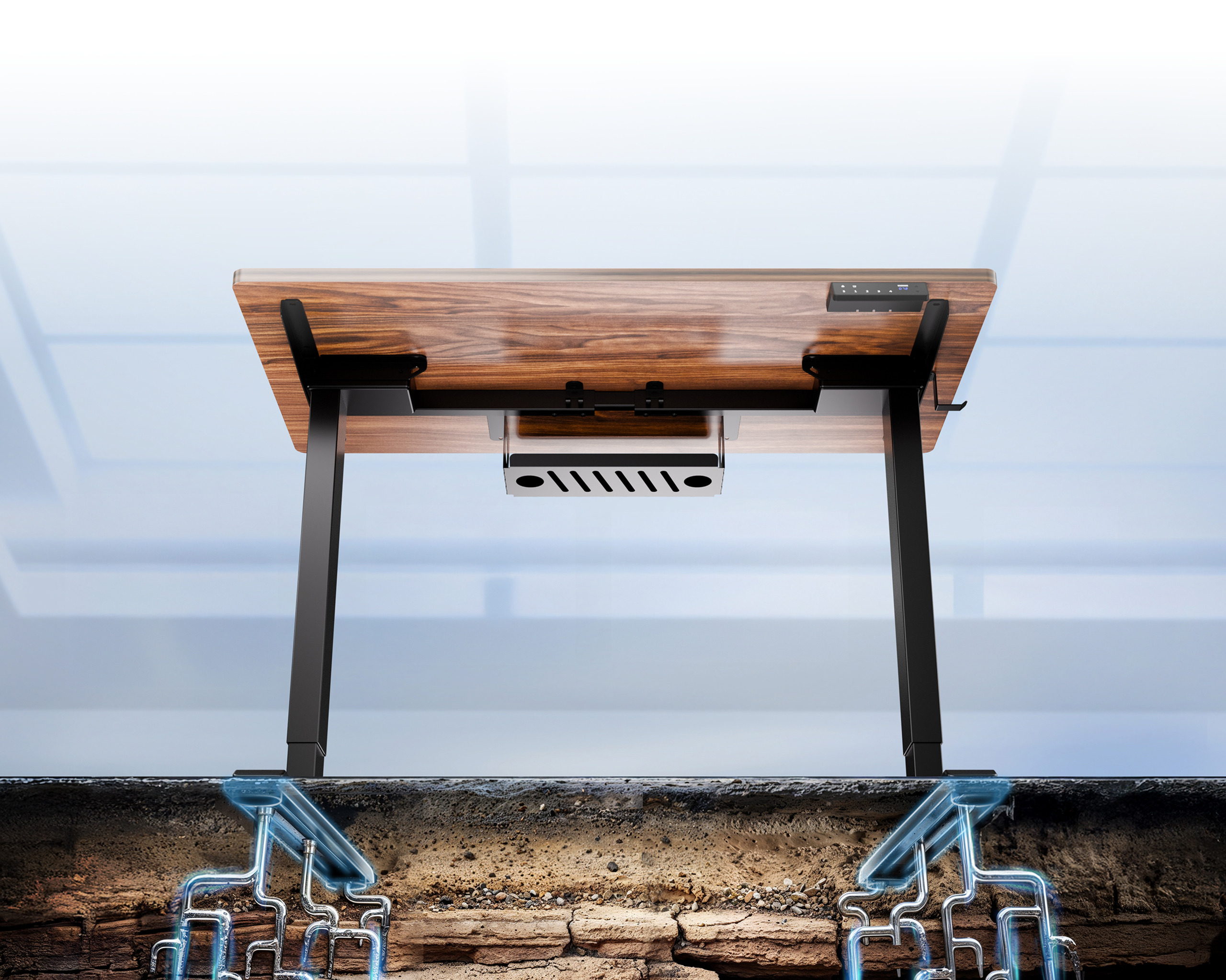 A standing desk with its legs shown anchored in the earth by a network of glowing blue pipes.