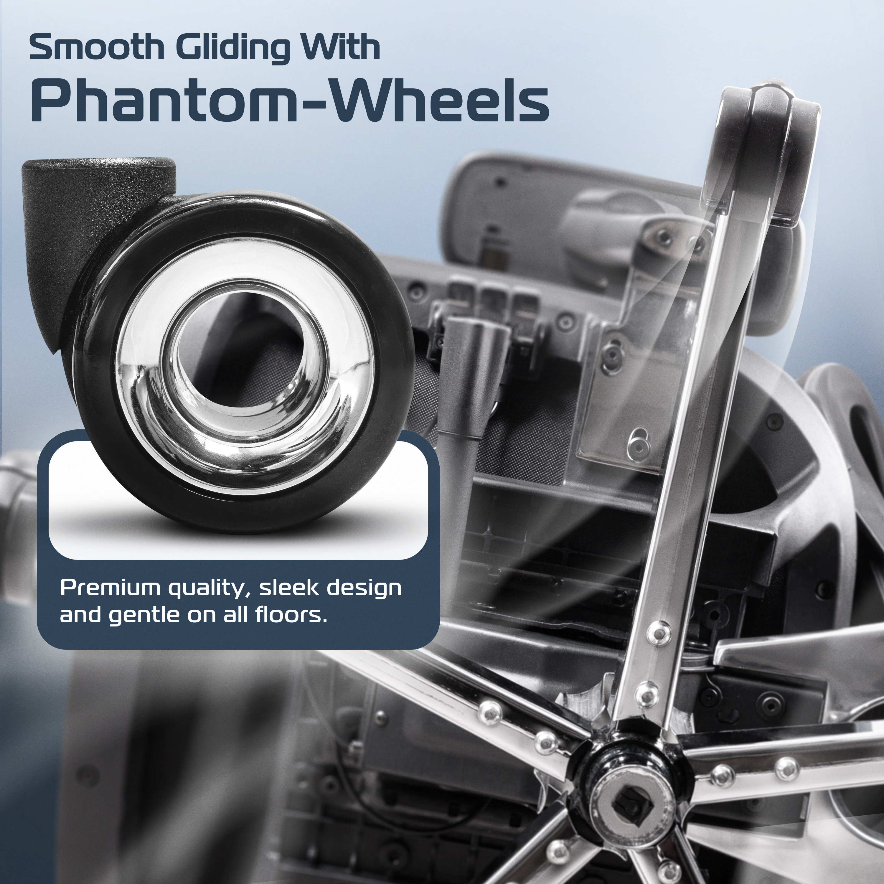 Close-up of a sleek, shiny wheel and chair mechanism in grayscale.