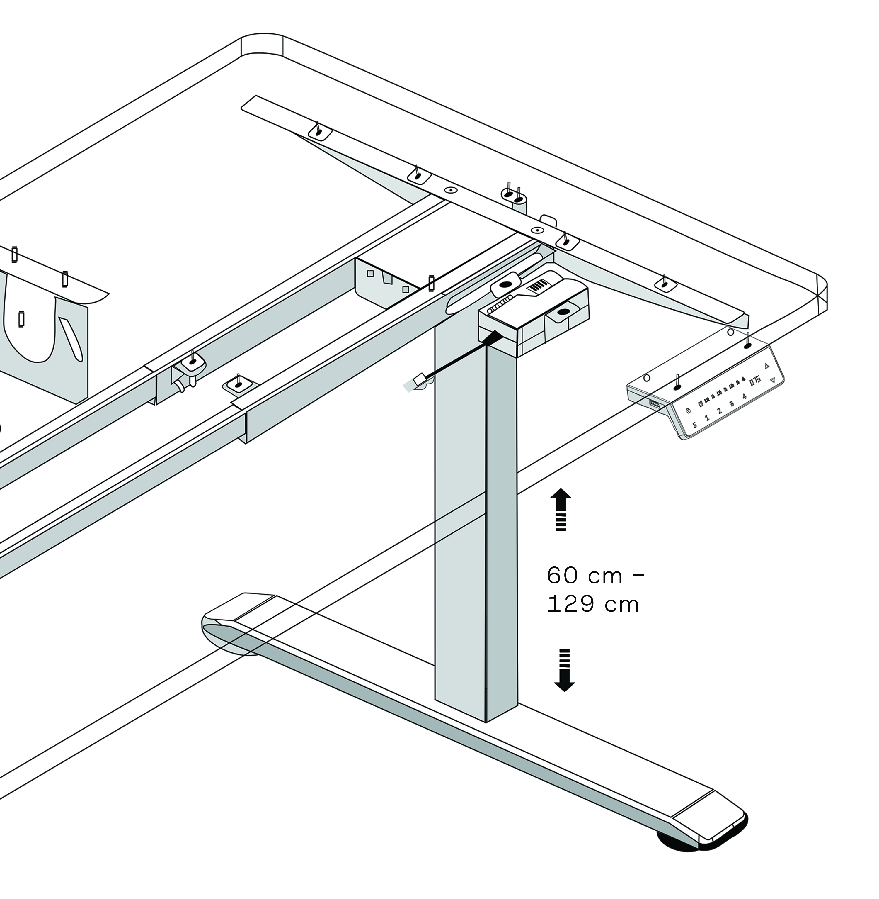 A line drawing showing the underside and height adjustment mechanism of an adjustable desk, from 60 to 129 cm.