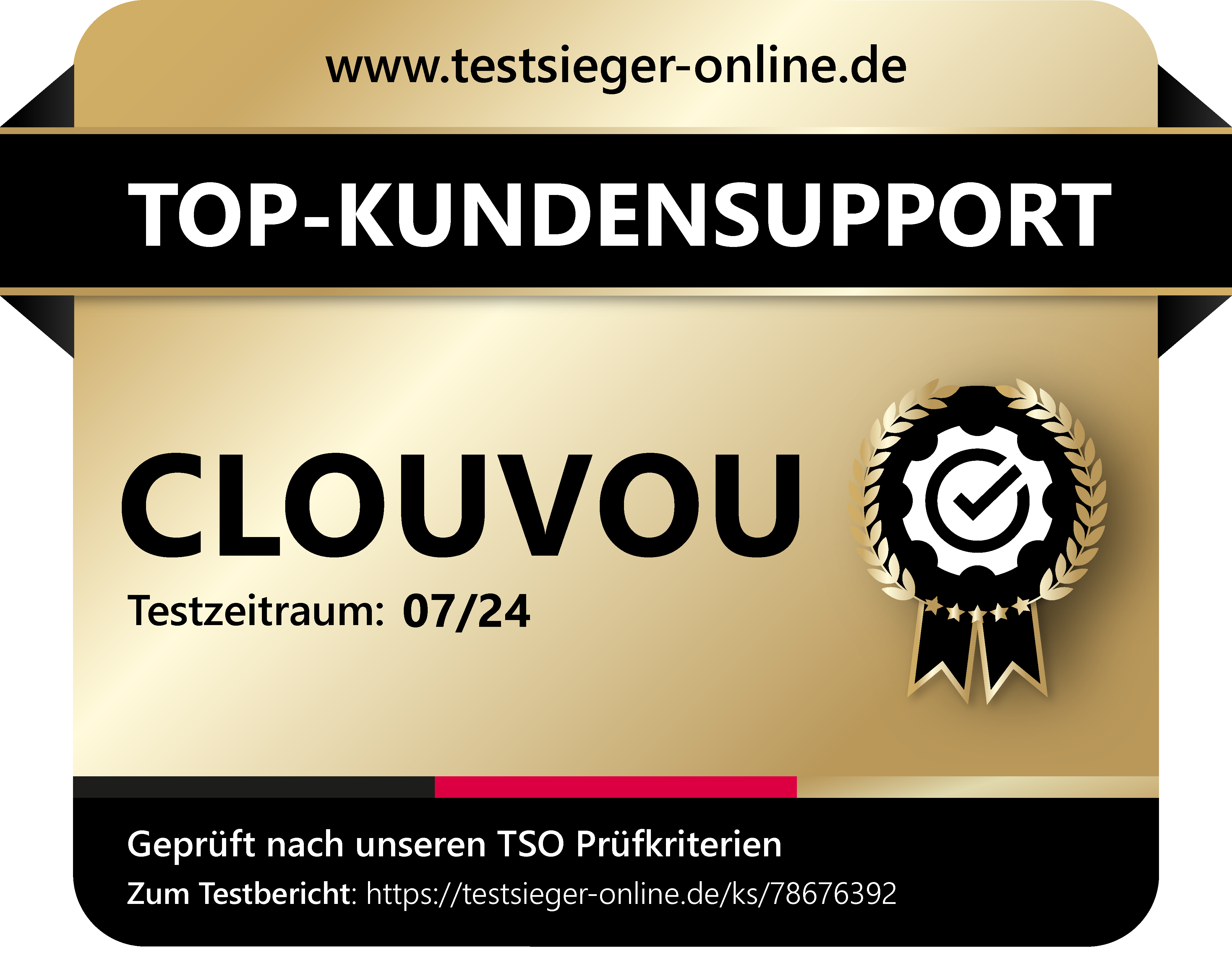 An award seal from testsieger-online.de for 'Top-Kundensupport' for the company Clouvou, with a test period of 07/24.