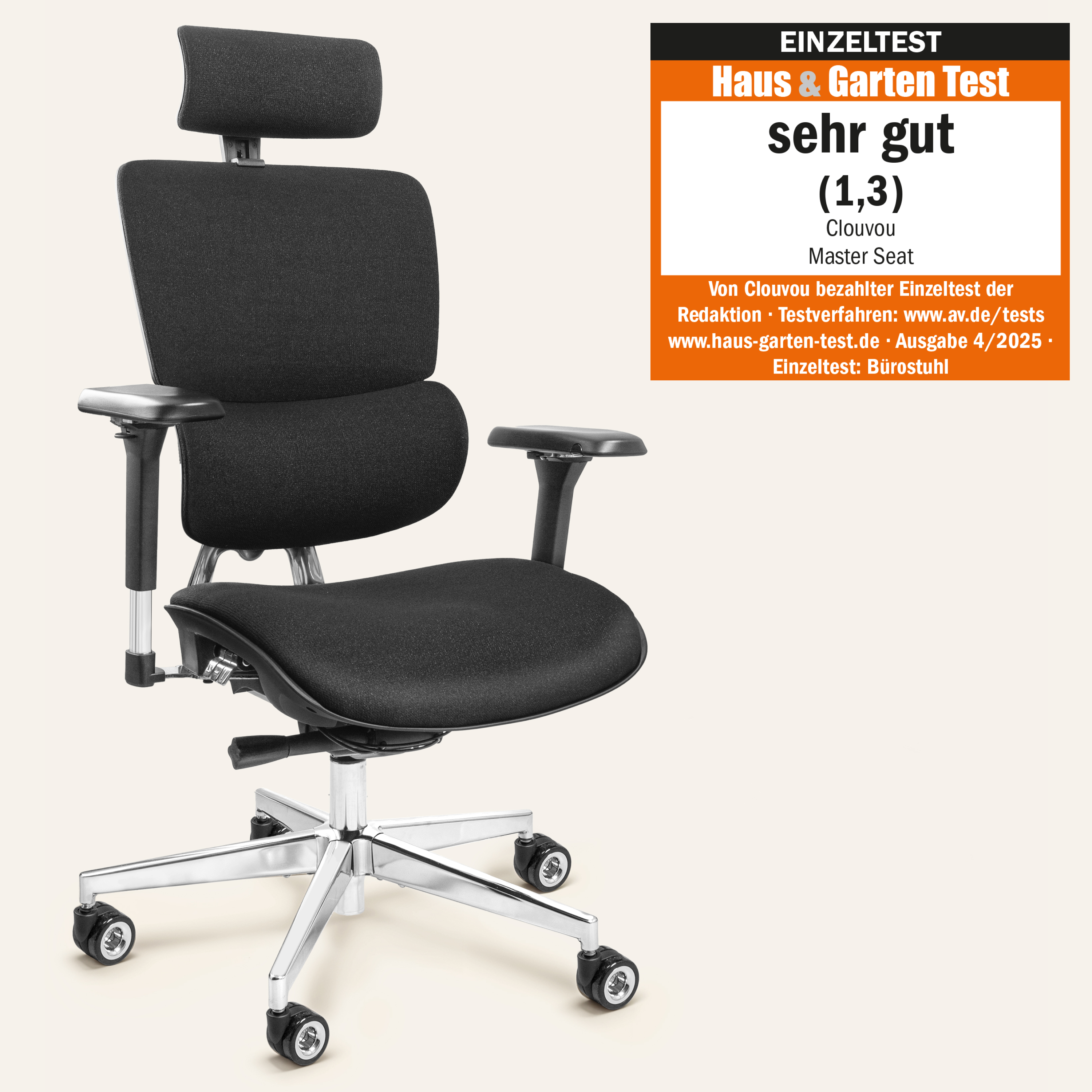 Black ergonomic office chair with headrest and armrests; test rating displayed beside.
