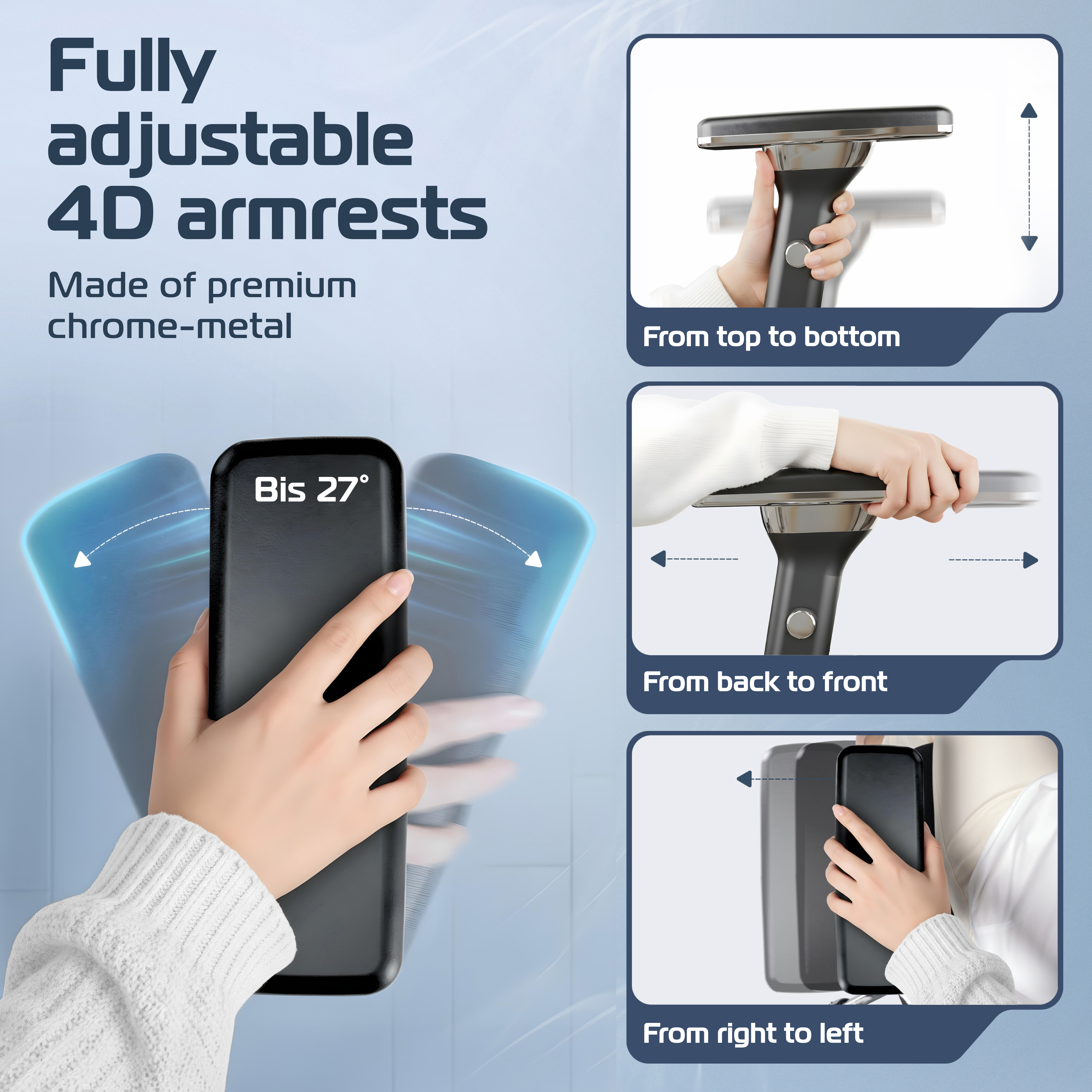 Image of adjustable 4D armrests with hand demonstrating various directional movements.
