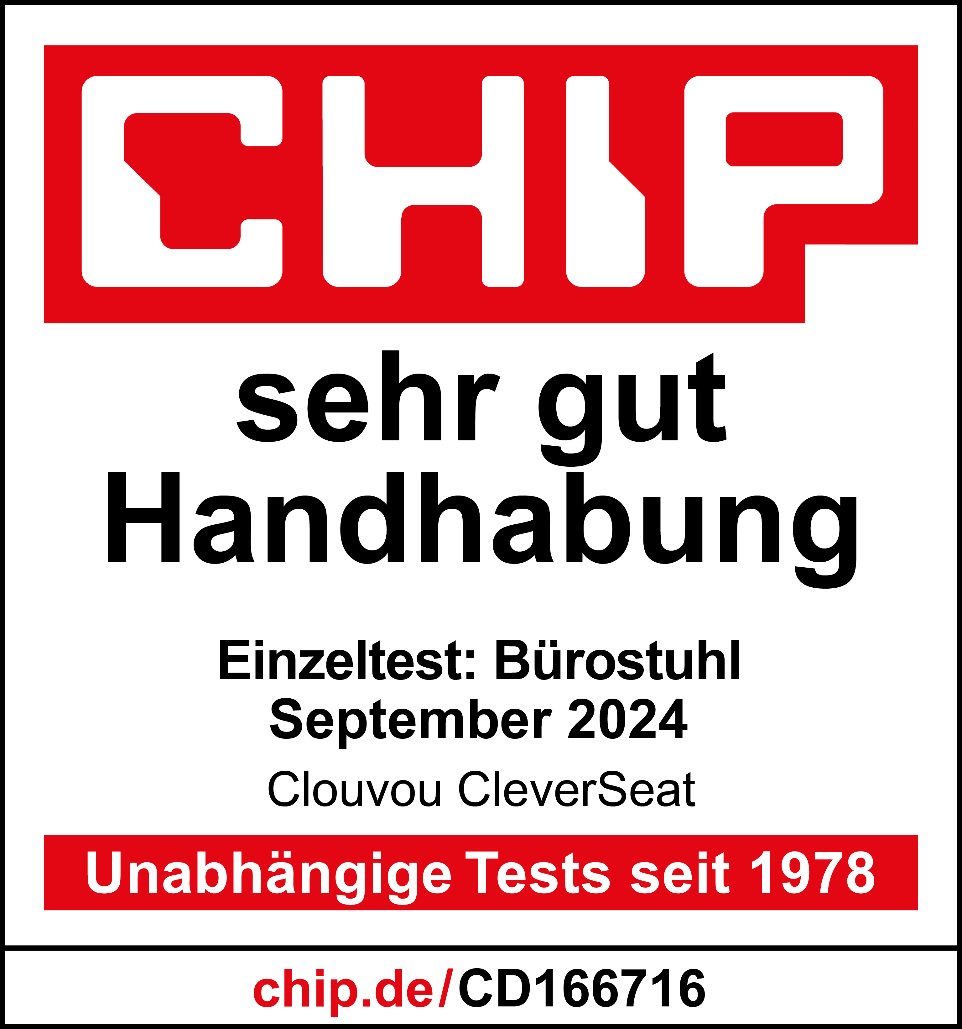 Label with CHIP rating for Clovou CleverSeat, September 2024.
