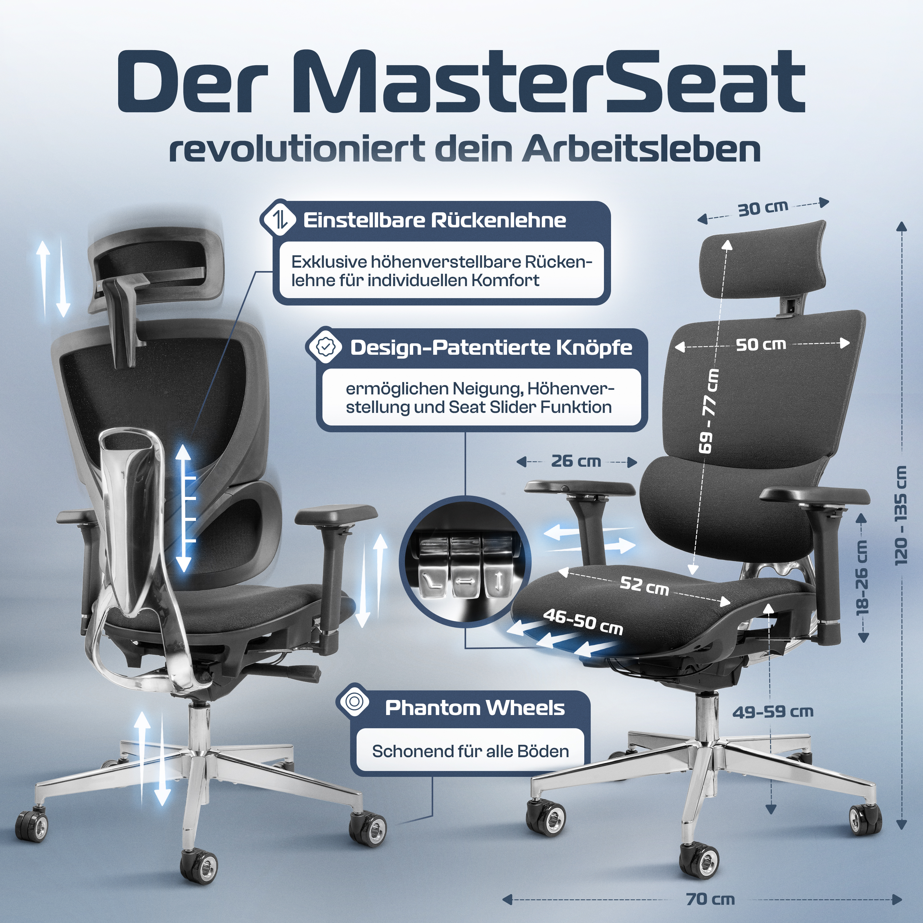Graphic of an ergonomic office chair with labeled adjustable features in German.