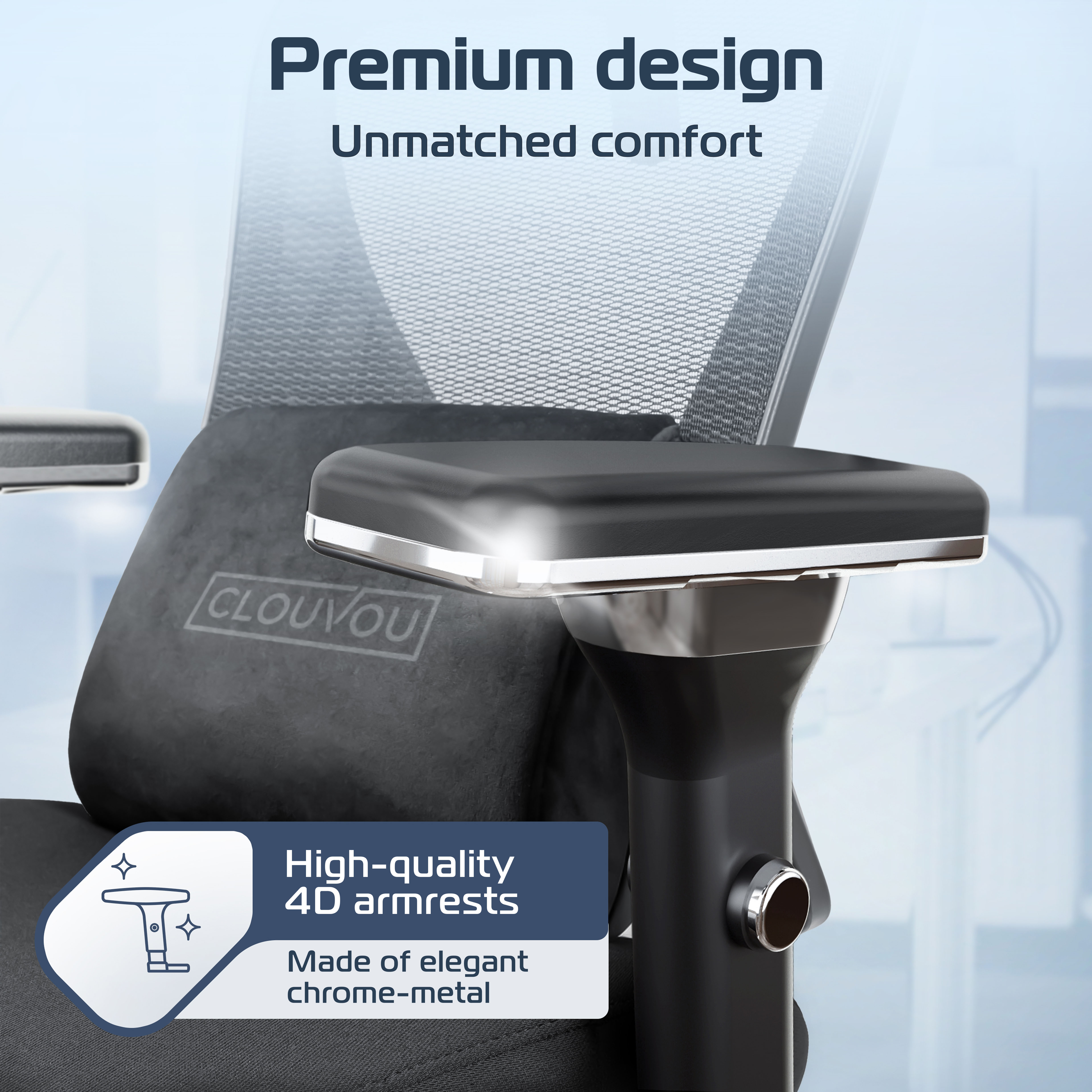 Office chair with 4D armrests and text highlighting premium design and comfort.