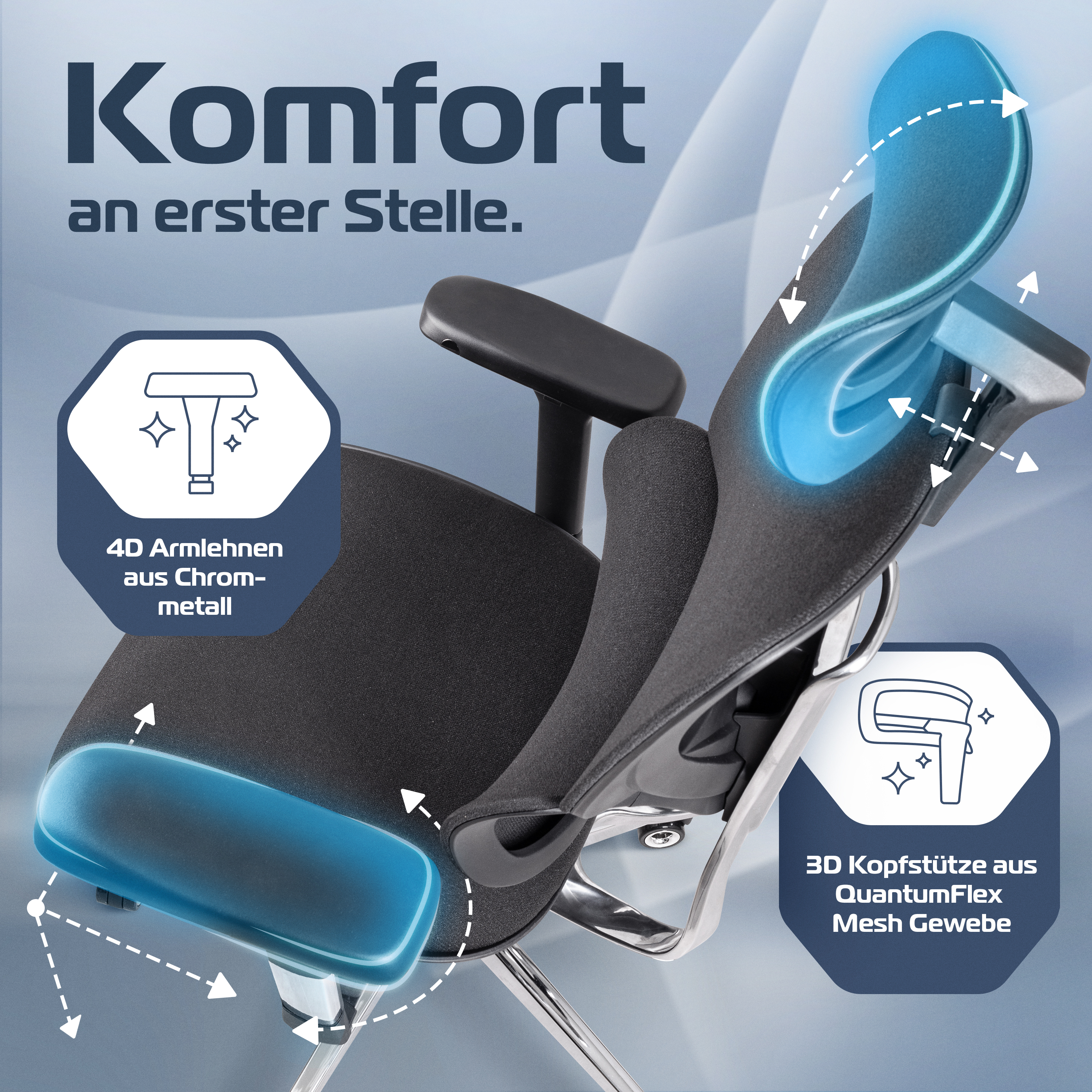 Ergonomic chair with adjustable armrest and headrest, featuring blue highlights and German text.