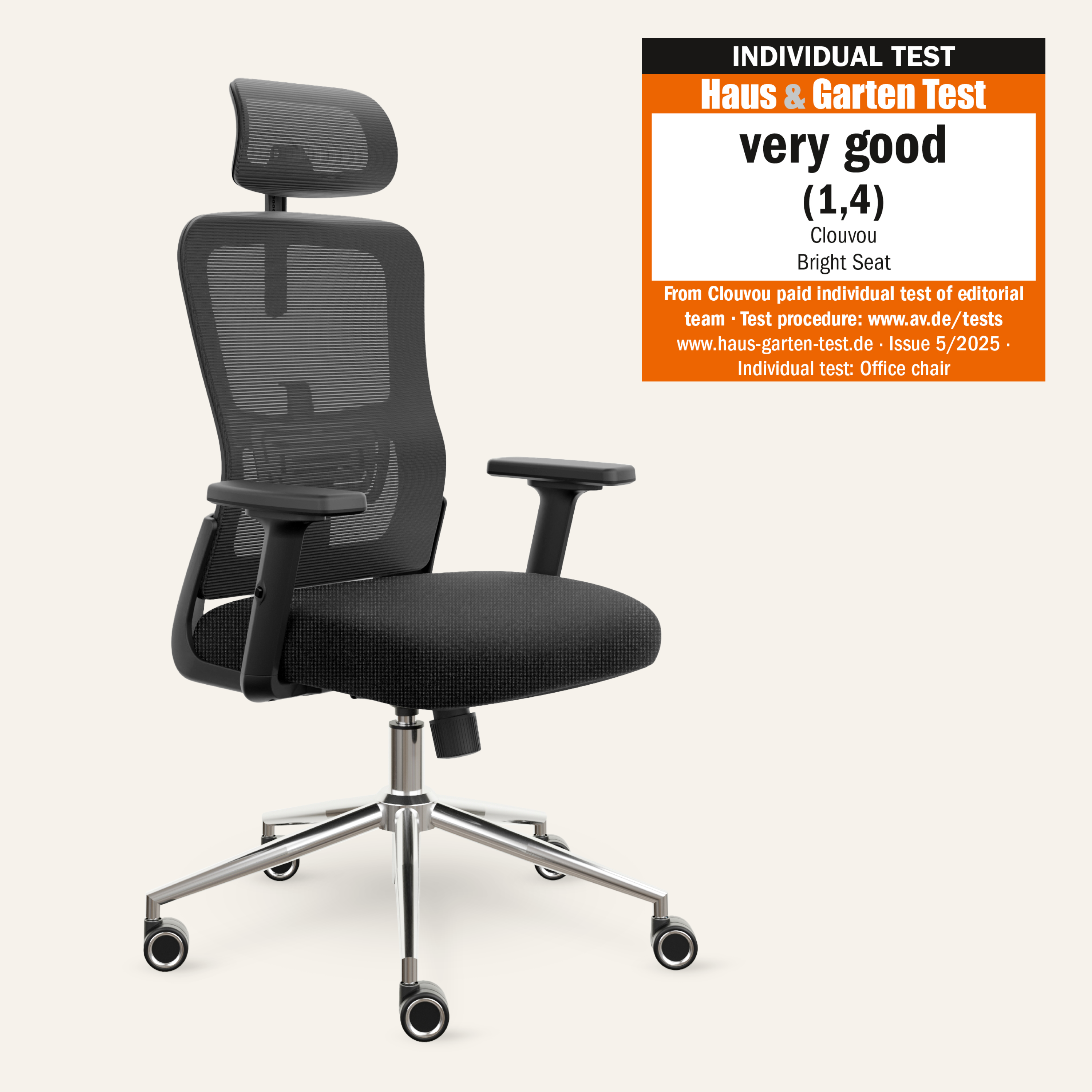 Black mesh office chair with adjustable headrest and armrests, next to a test rating sign.
