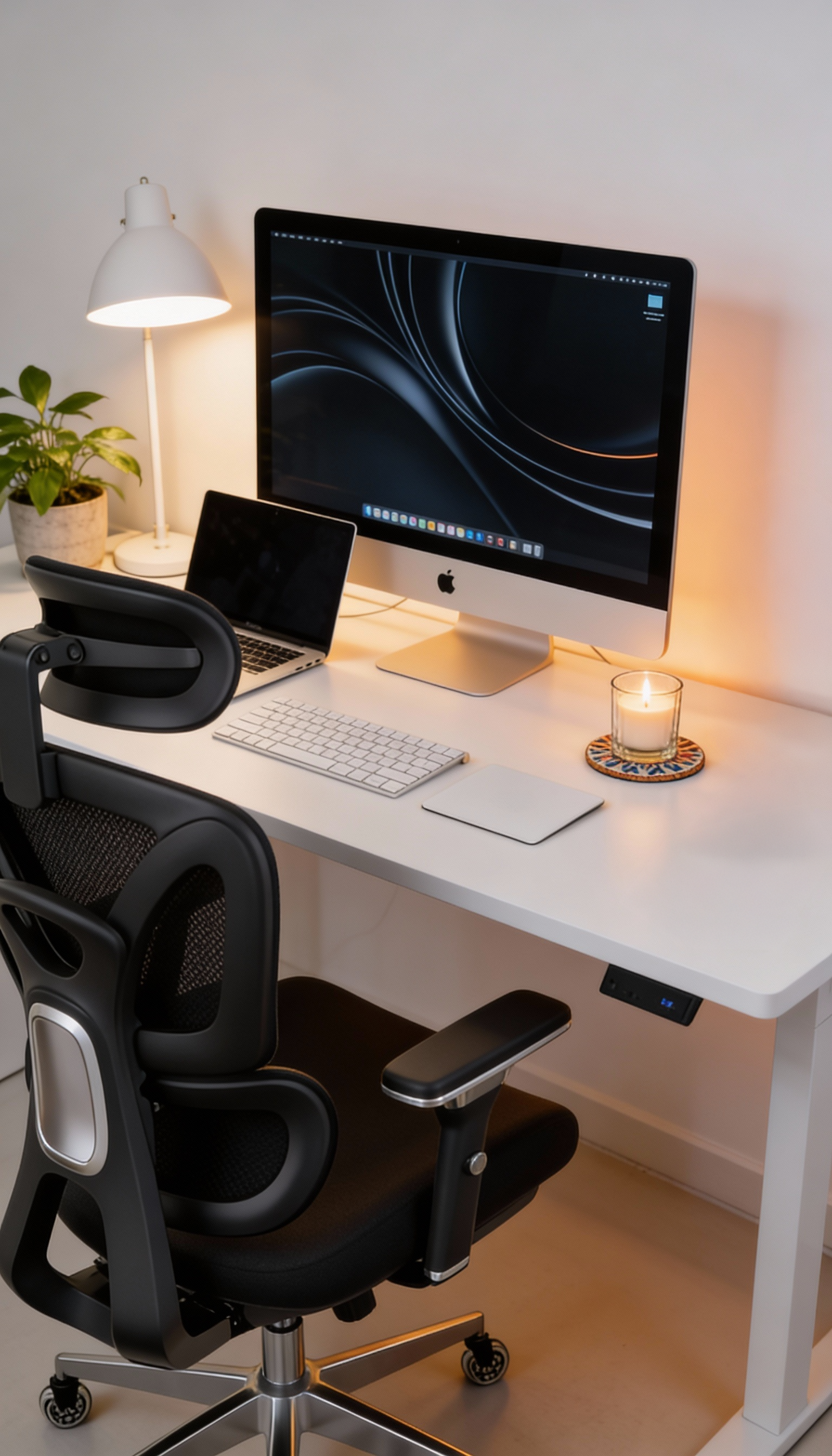 A person sits at a white adjustable desk in an ergonomic chair, facing a computer in a home office.