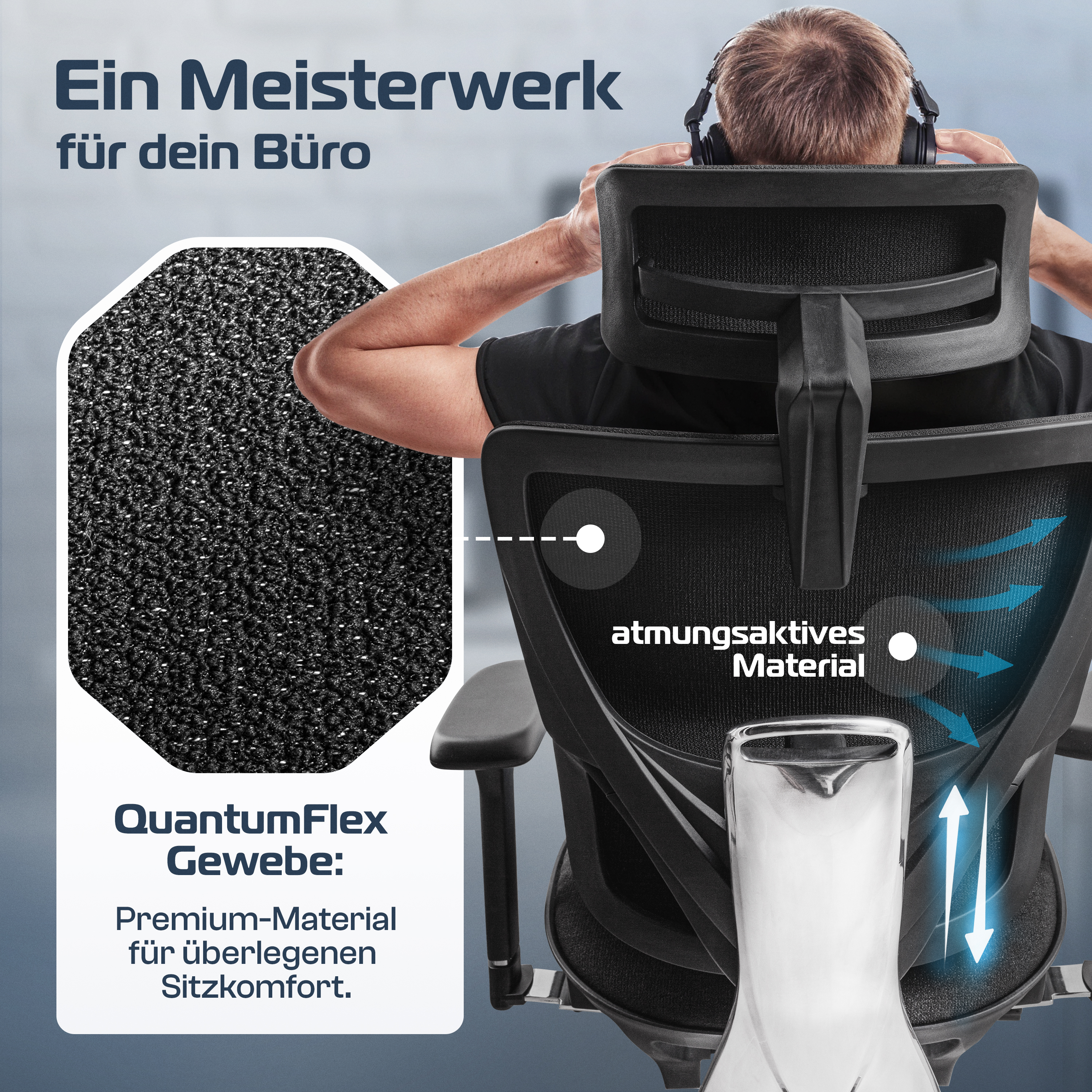 Person sitting in an ergonomic chair demonstrating breathable mesh material.