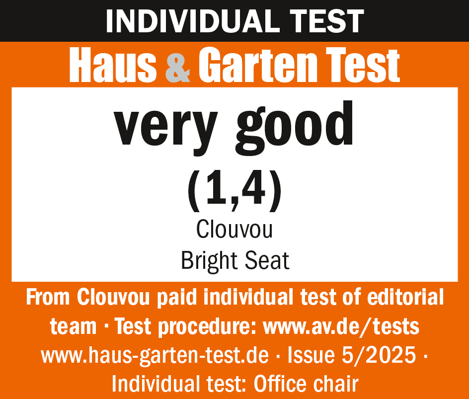 Certificate labeled 'Haus & Garten Test' rating Clouvou Bright Seat as 'very good'.