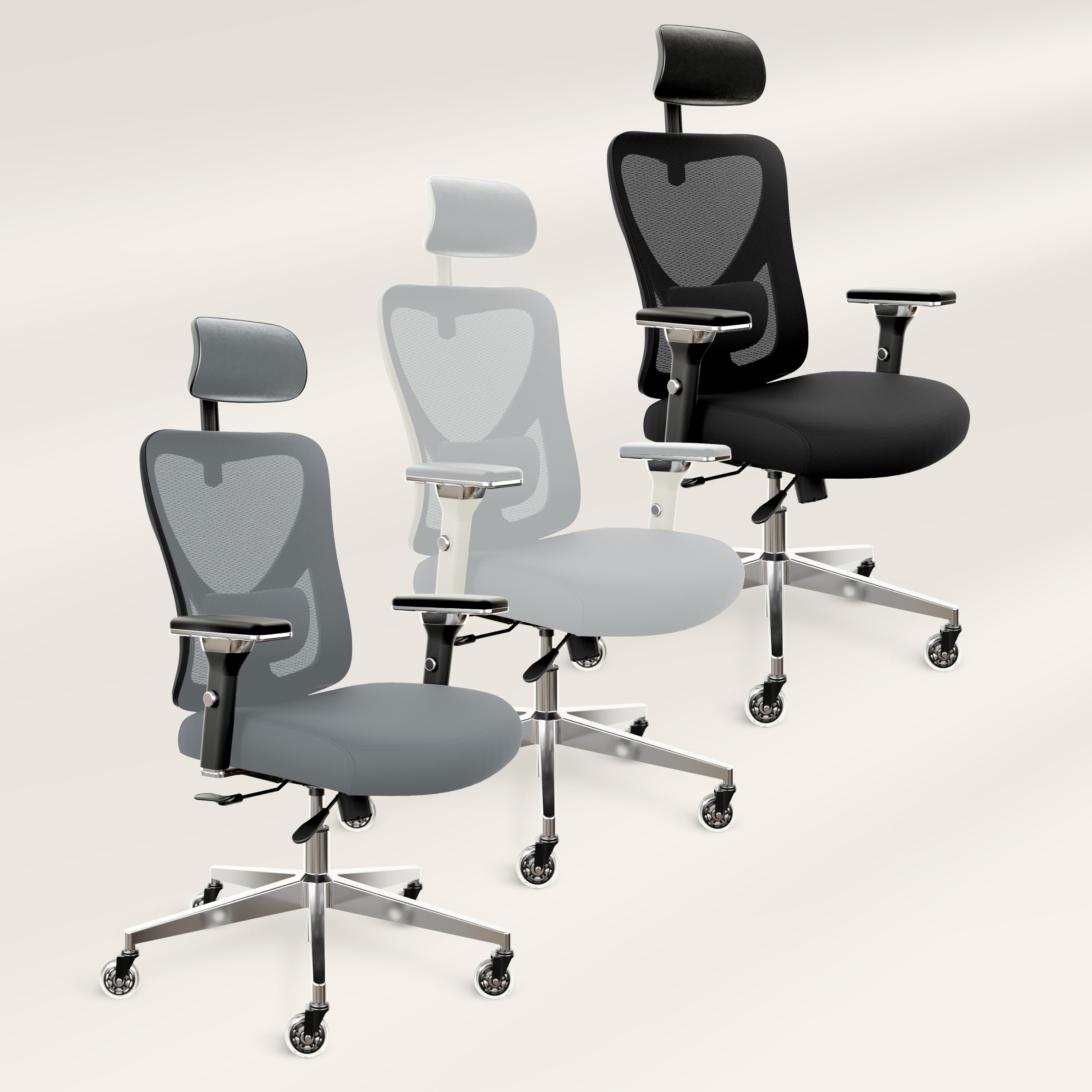 Three ergonomic office chairs with mesh backs and wheels.