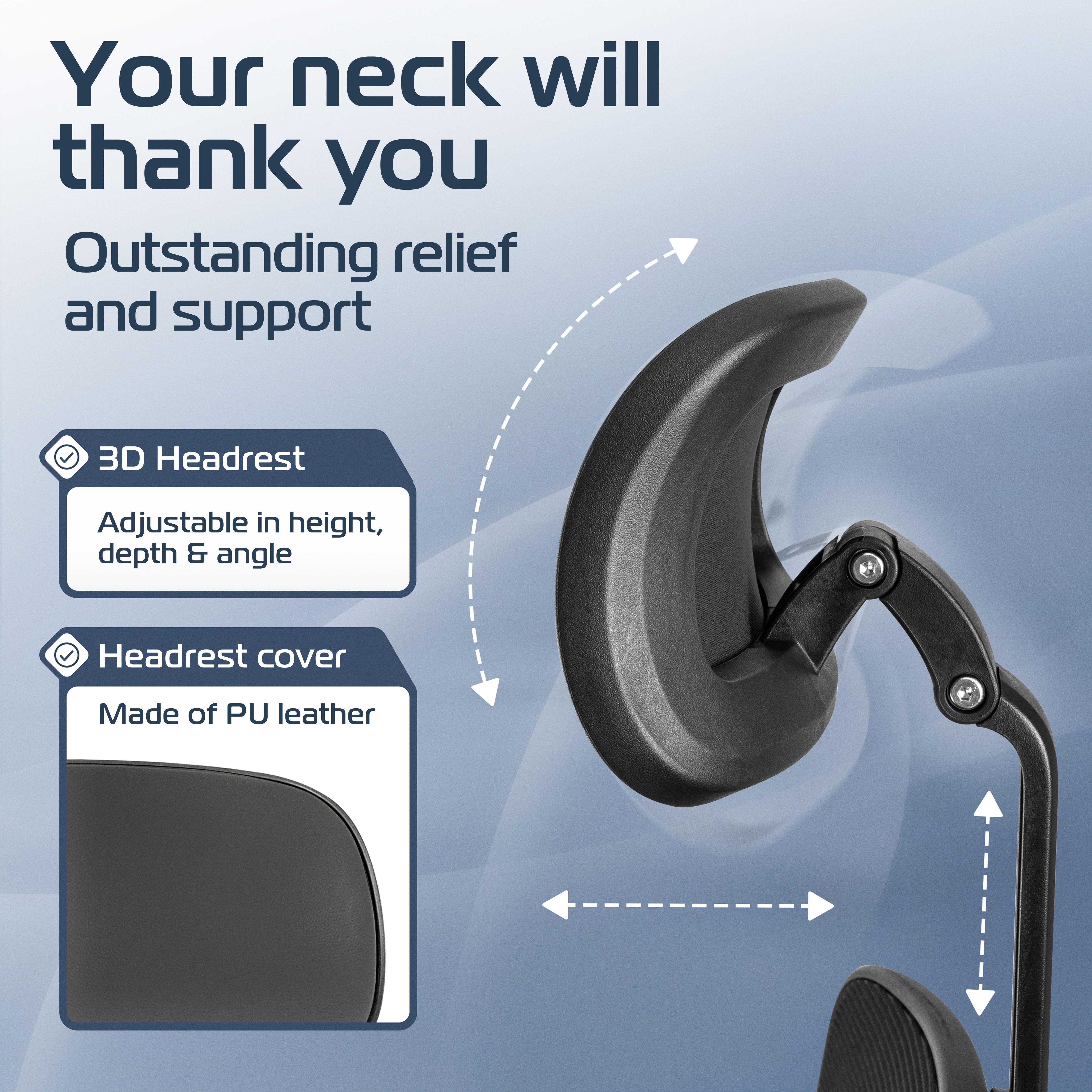 Image of an adjustable 3D headrest with text about neck support and PU leather cover.