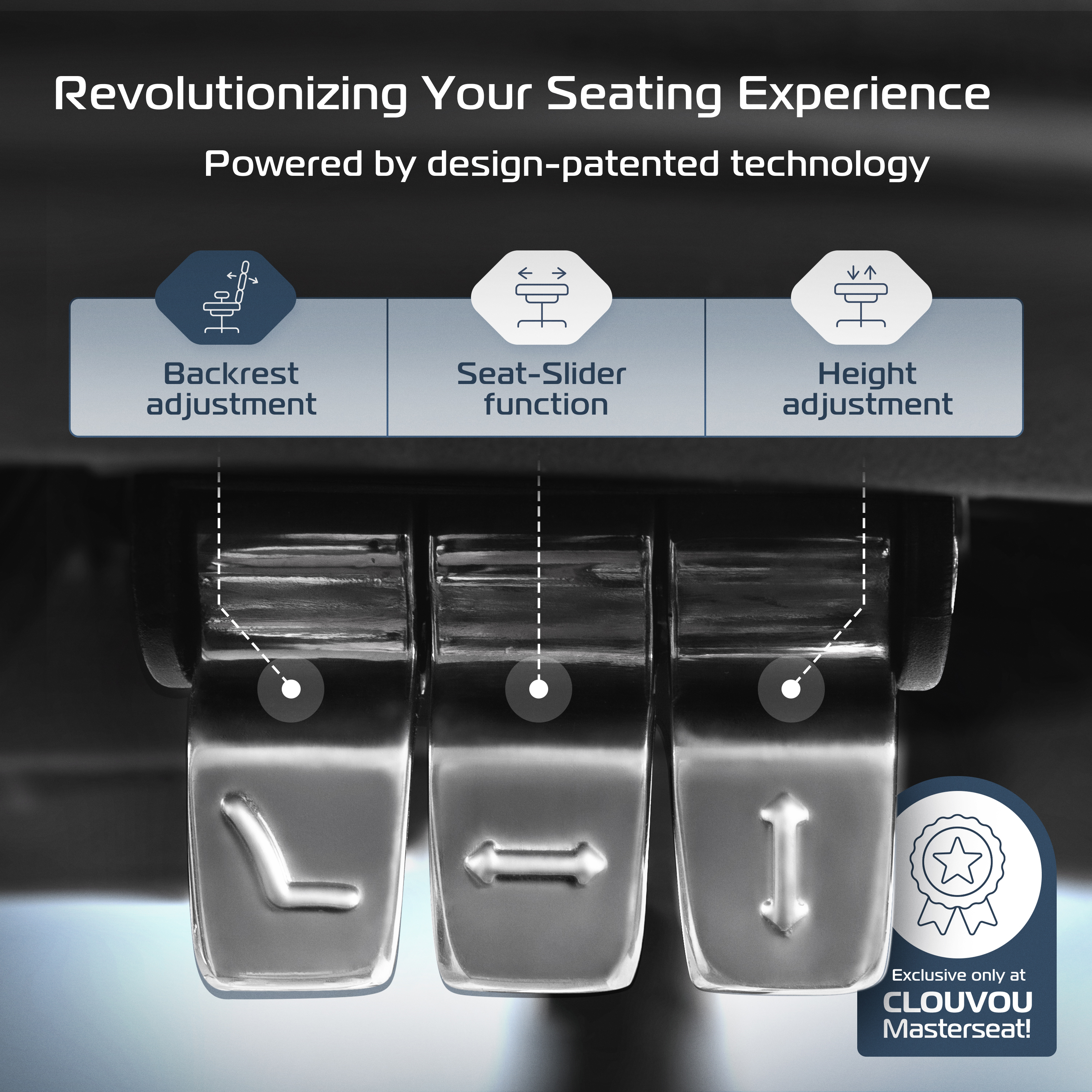 Three adjustment levers under chair: backrest, seat-slider, and height.