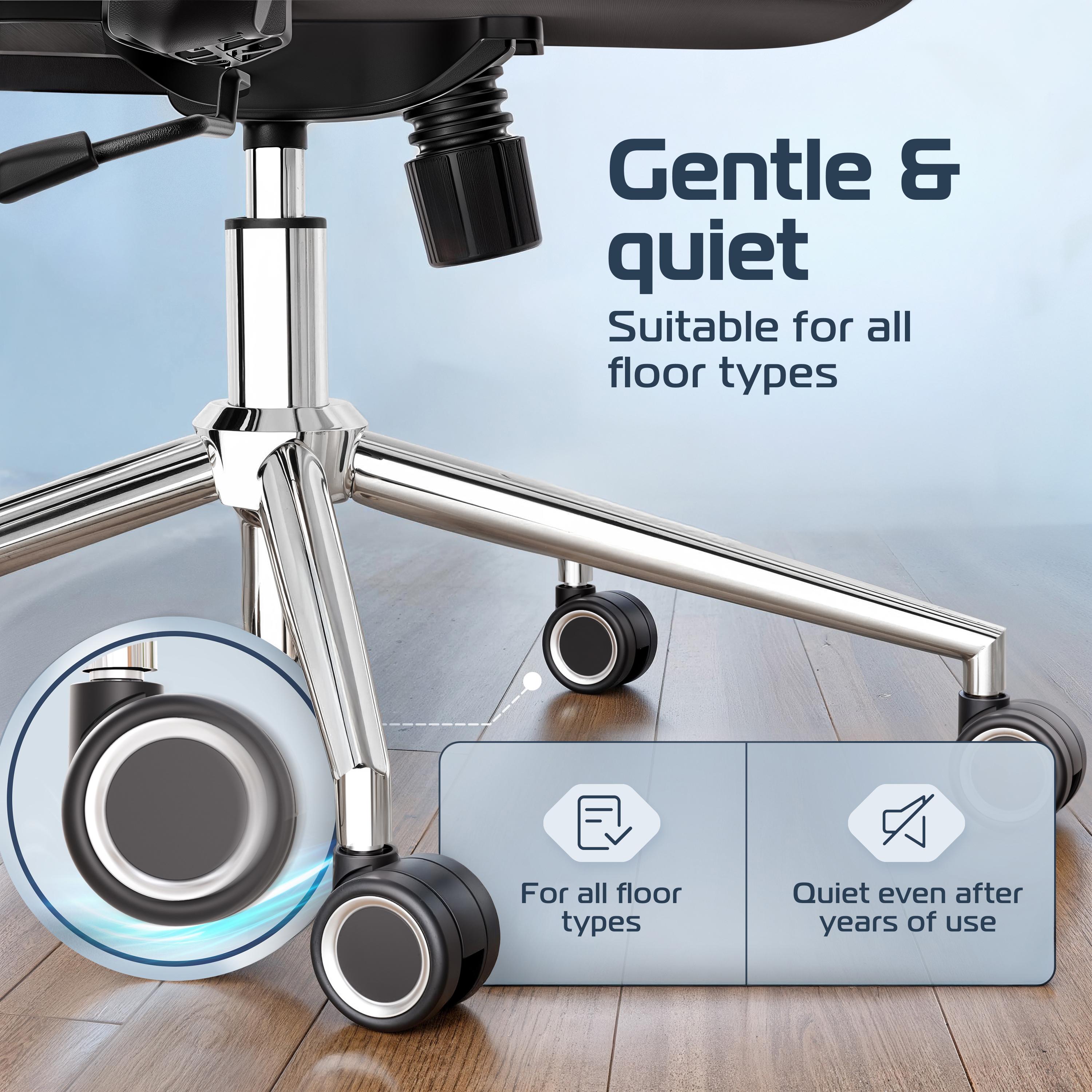 Close-up of chair wheels on a wooden floor, highlighting features for all floor types.