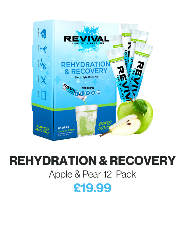 Revival rehydration drink mix with apple and pear flavor packaging.