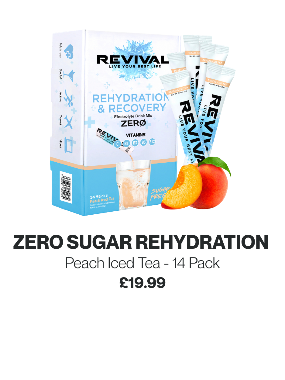 Revival peach iced tea electrolyte drink mix packaging with peach slices and drink sticks.