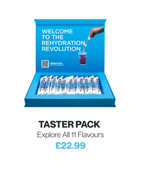 Blue box with rehydration sachets and text 'Welcome to the Rehydration Revolution.'