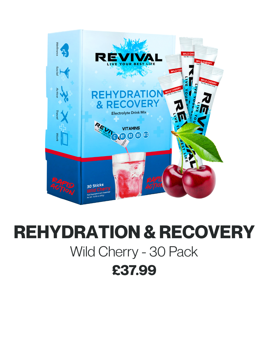 Revival rehydration drink mix box with cherry flavor sticks and cherries.