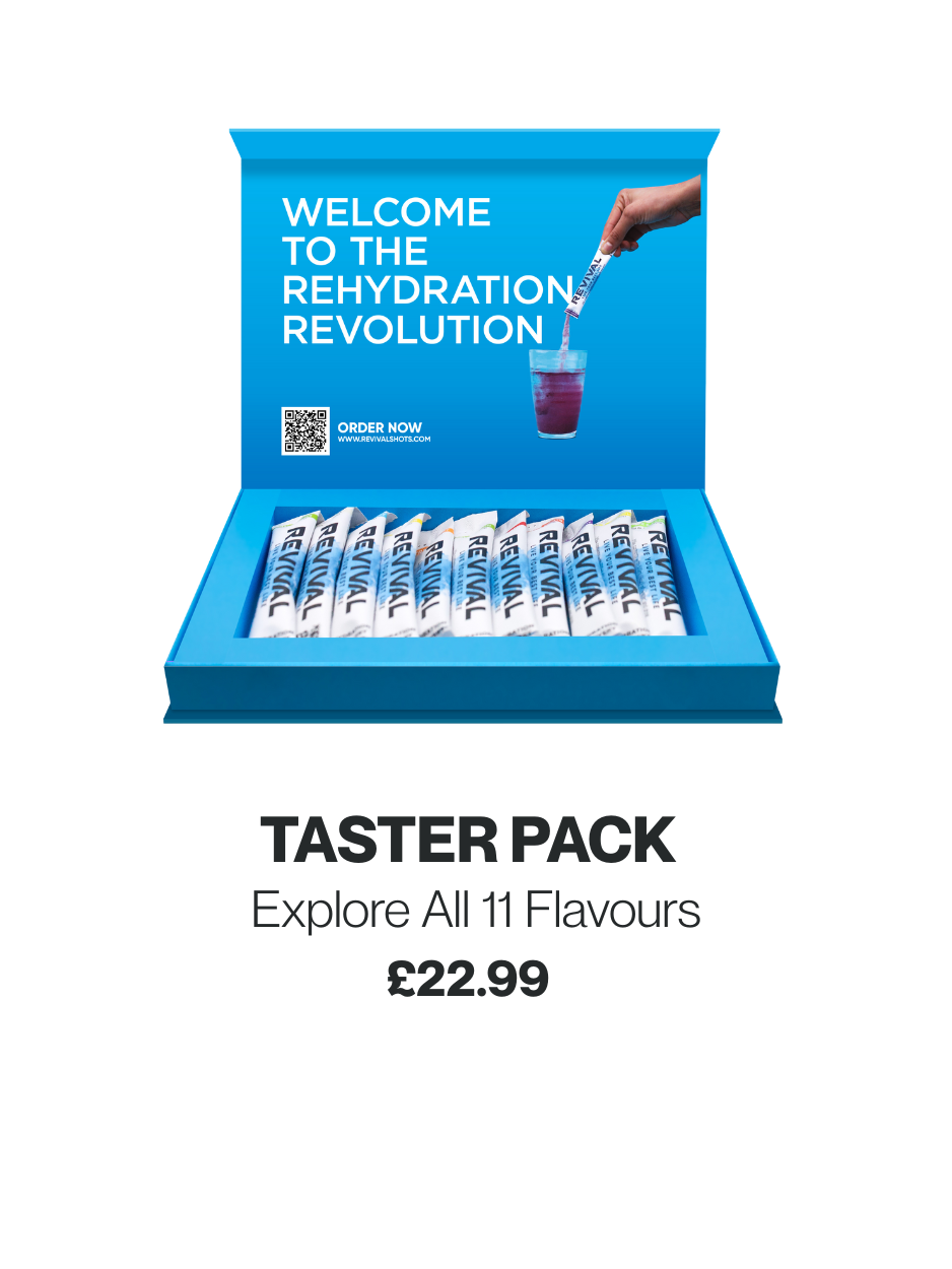 Blue box with hydration sachets, text 'Welcome to the Rehydration Revolution.'