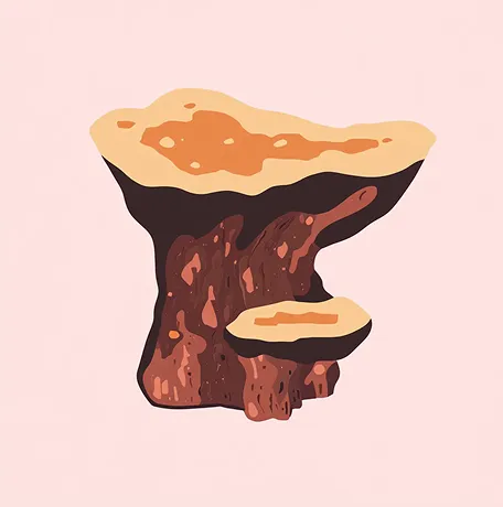 A stylized illustration of a brown and orange bracket fungus against a pale pink background.