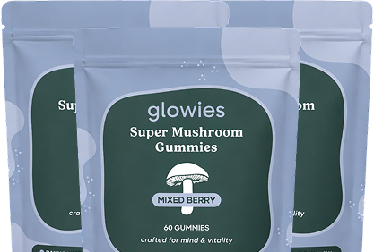 Three pouches of Glowies Super Mushroom Gummies in a mixed berry flavor against a white background.