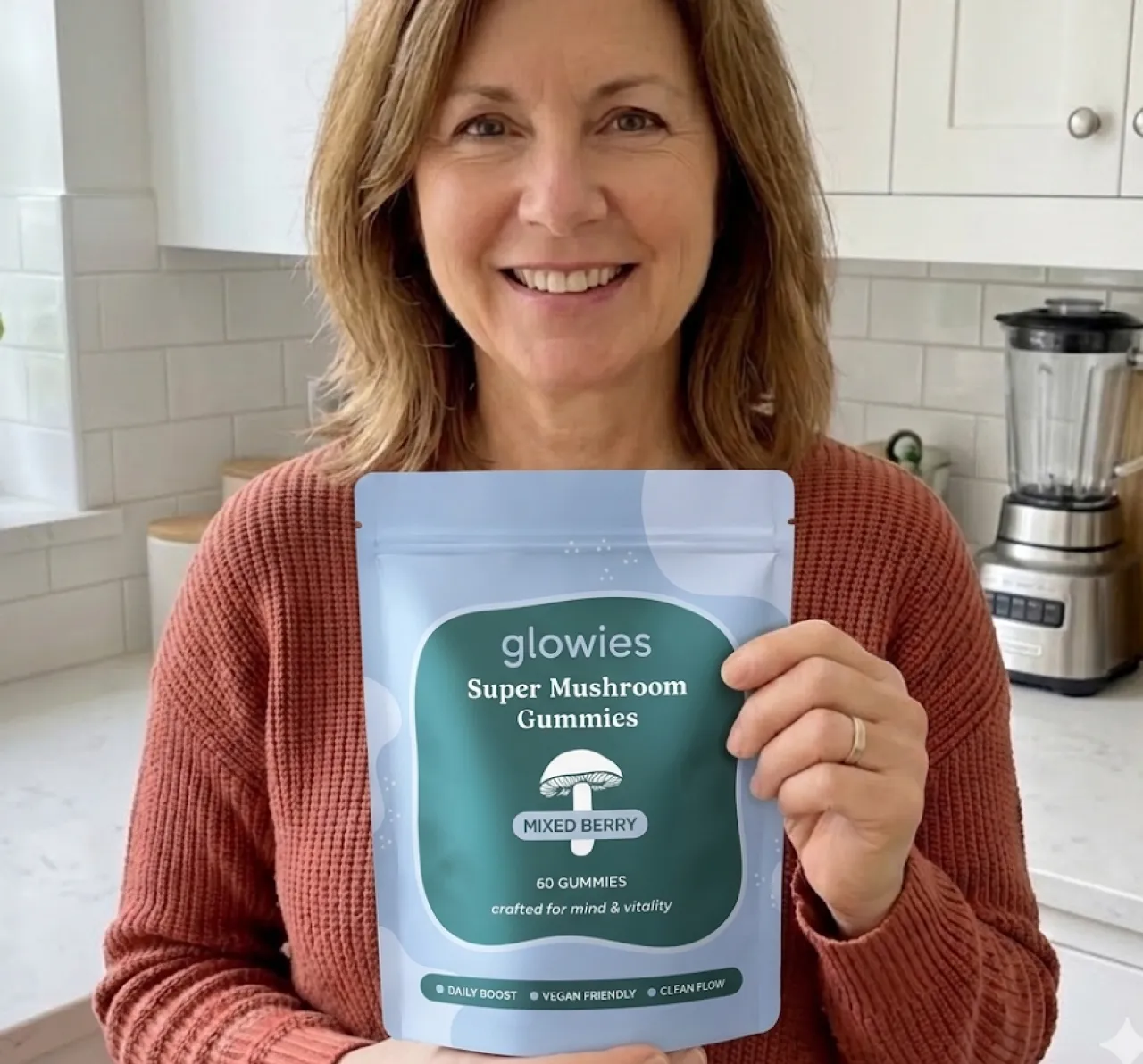 A smiling woman in a red sweater holds up a pouch of Glowies Super Mushroom Gummies.