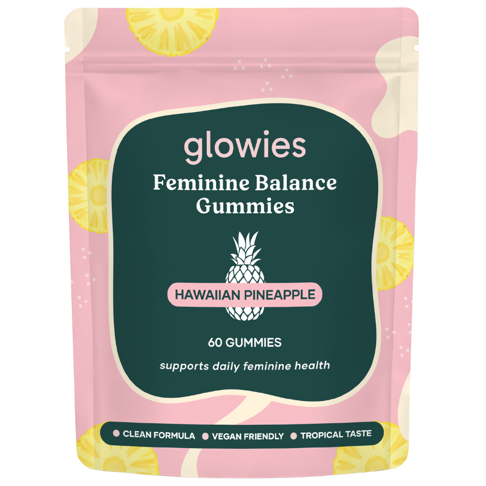 Packaging for Hawaiian Pineapple Feminine Balance Gummies, pink with pineapple illustrations.