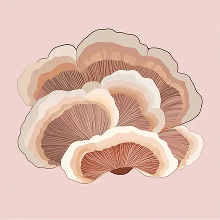 A stylized illustration of a cluster of mushrooms with visible gills, against a solid pink background.