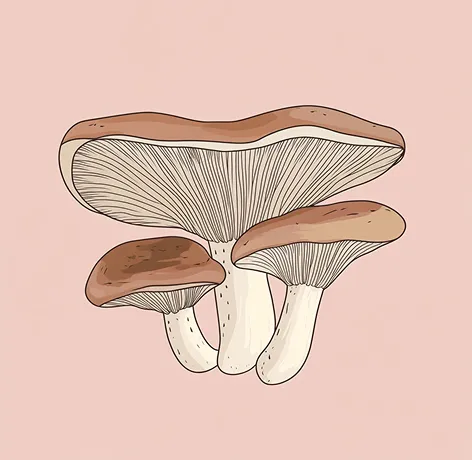 An illustration of three brown-capped mushrooms with white stems against a solid pink background.