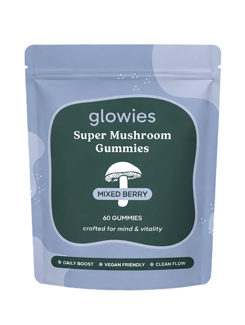 A light blue pouch of Glowies Super Mushroom Gummies in a mixed berry flavor, isolated on a white background.